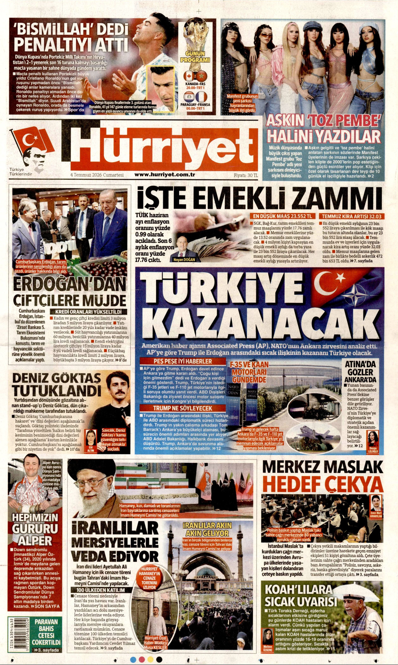 HÜRRİYET gazetesinin 4 Temmuz 2026 tarihli birinci sayfası