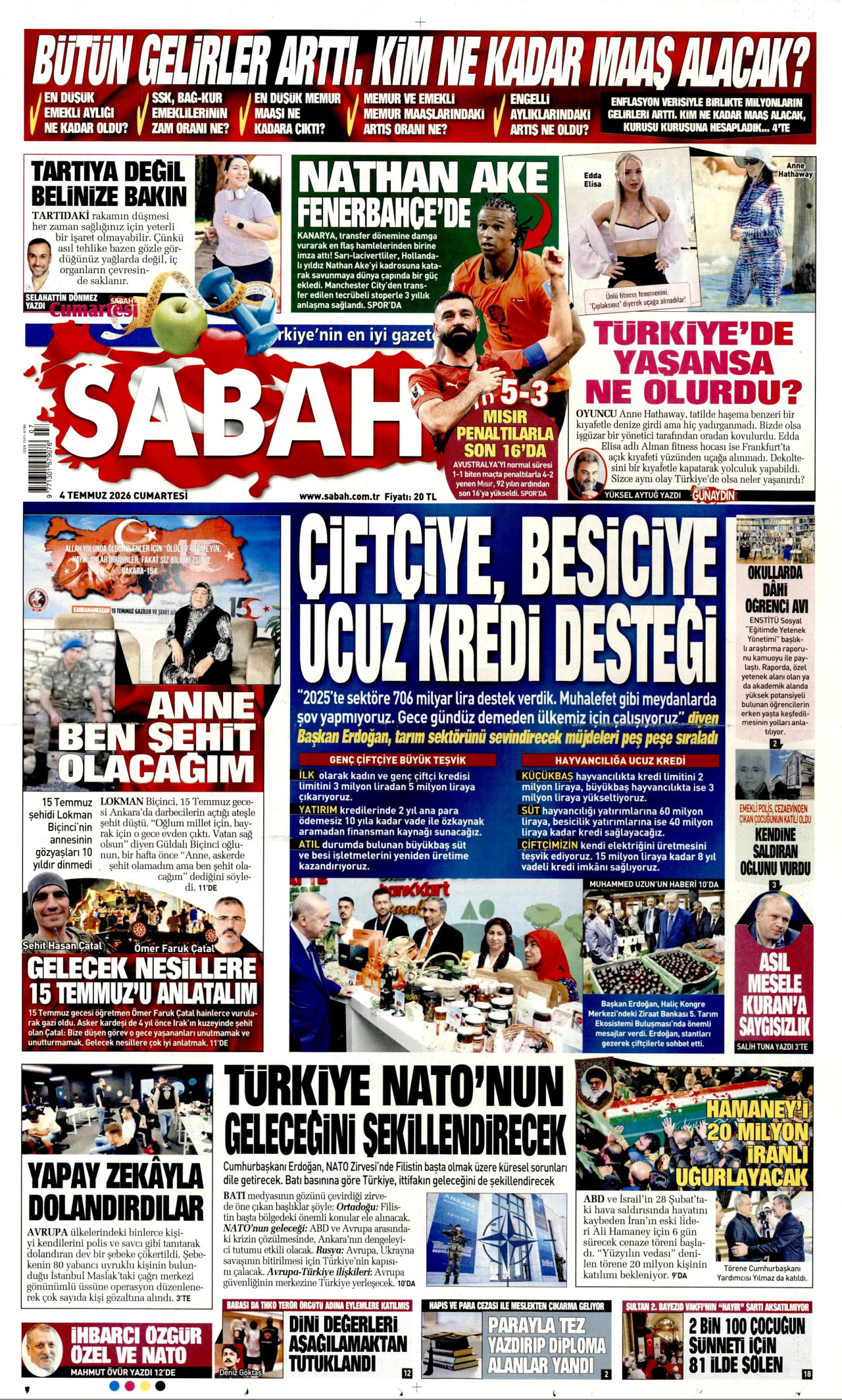 SABAH gazetesinin 4 Temmuz 2026 tarihli birinci sayfası