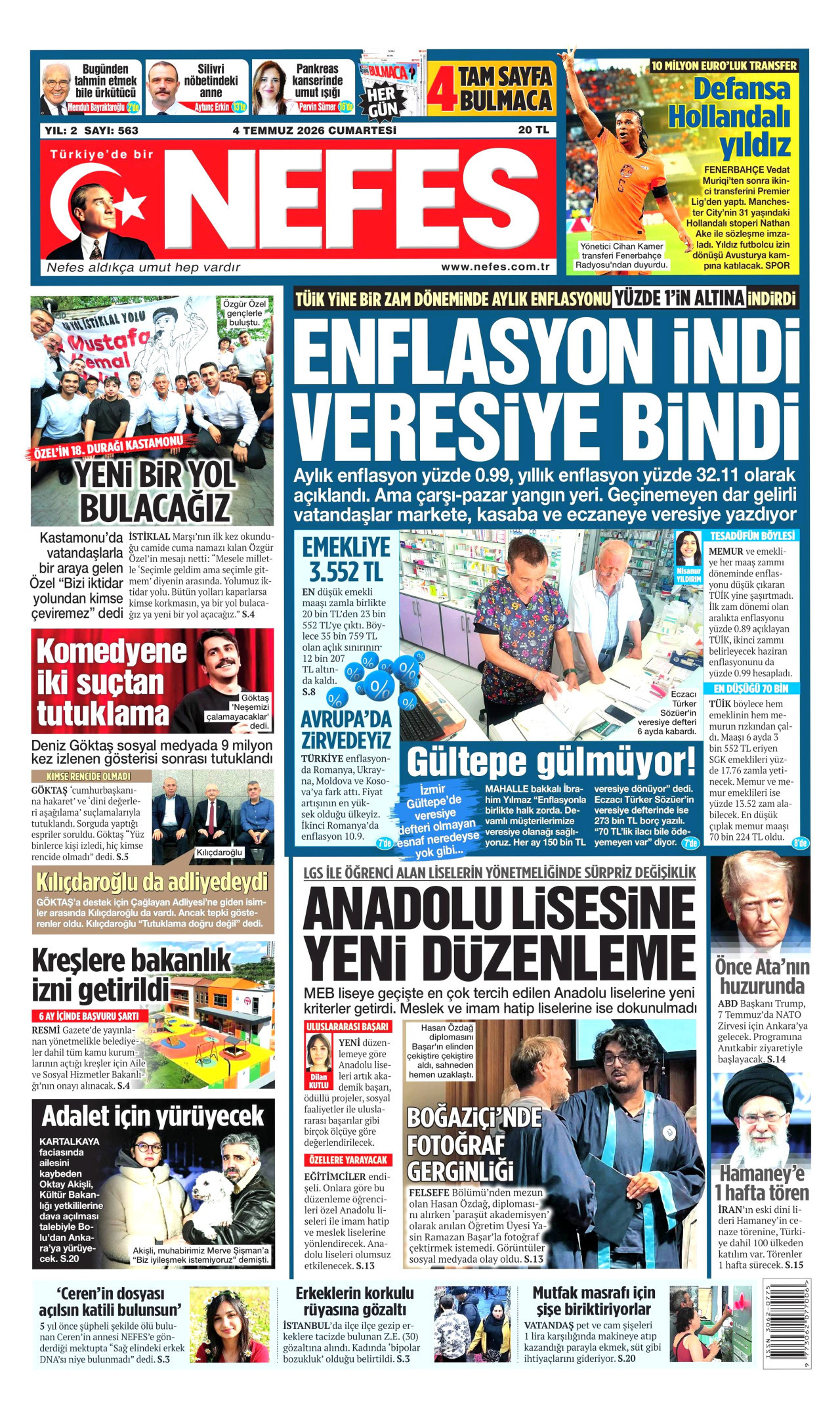 NEFES gazetesinin 4 Temmuz 2026 tarihli birinci sayfası