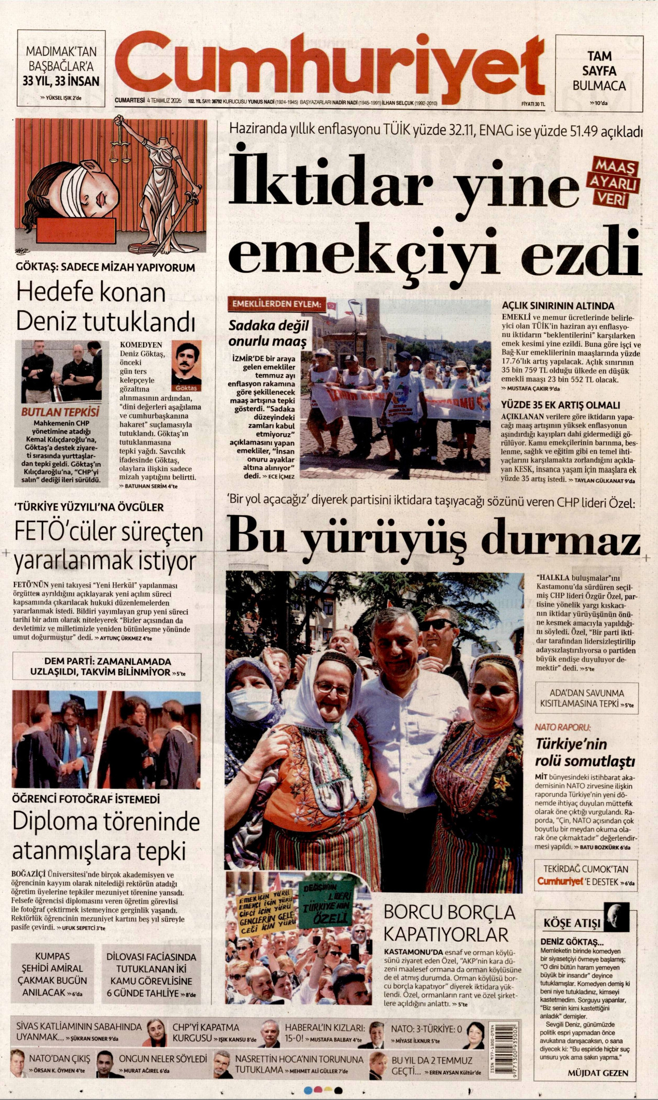 CUMHURİYET gazetesinin 4 Temmuz 2026 tarihli birinci sayfası