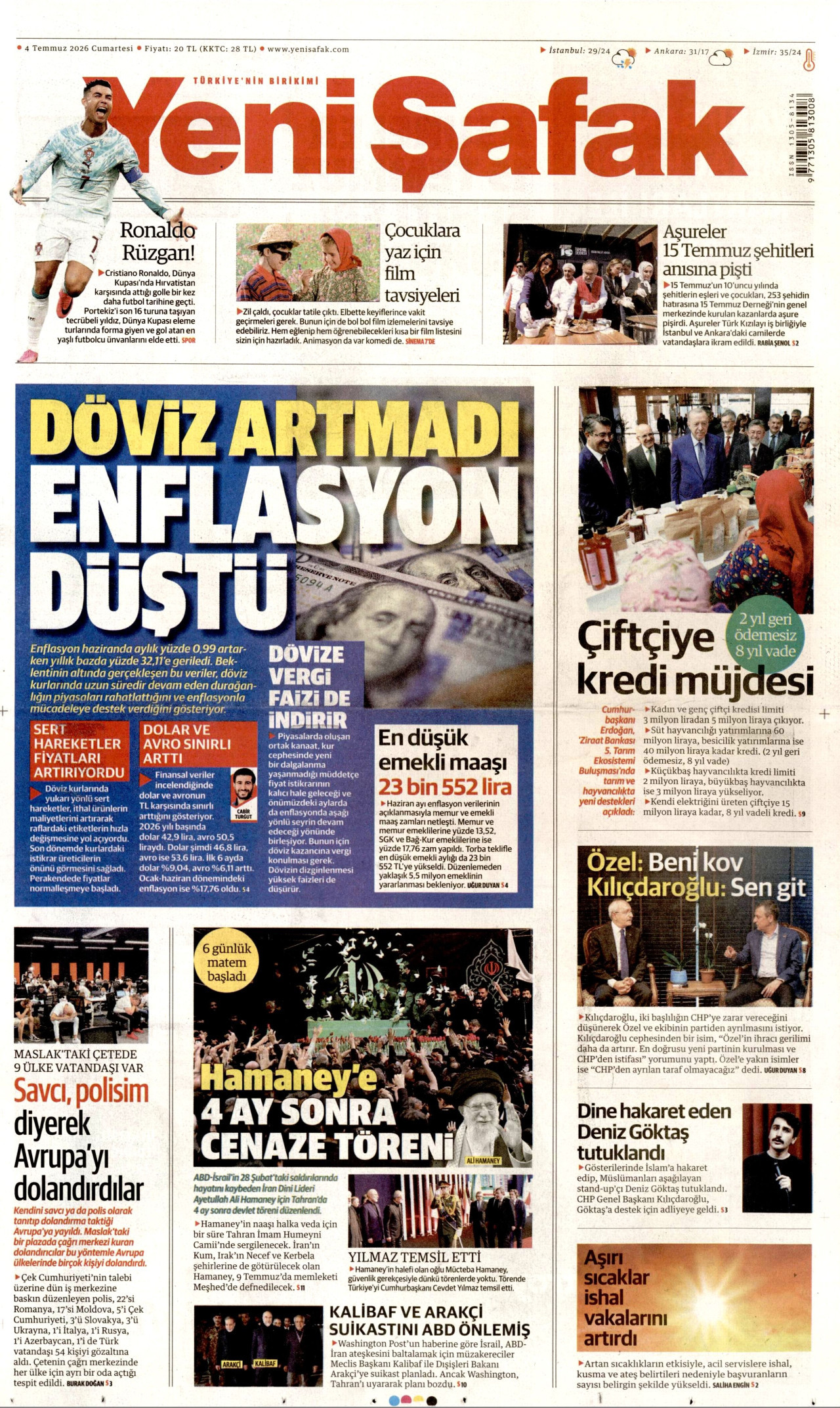 YENİ ŞAFAK gazetesinin 4 Temmuz 2026 tarihli birinci sayfası