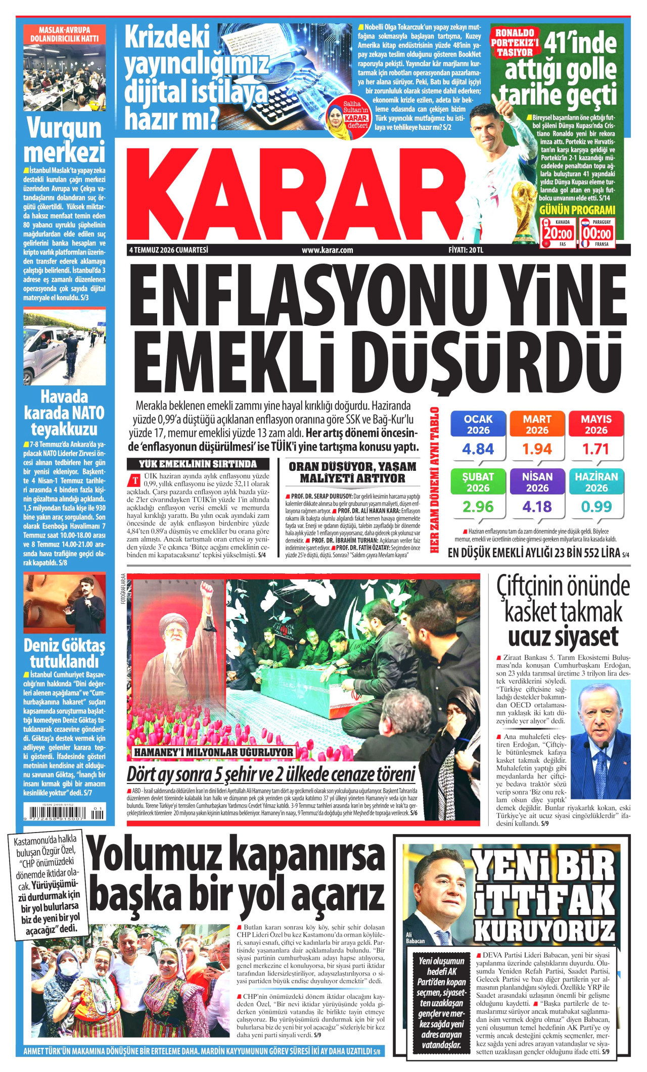 KARAR gazetesinin 4 Temmuz 2026 tarihli birinci sayfası