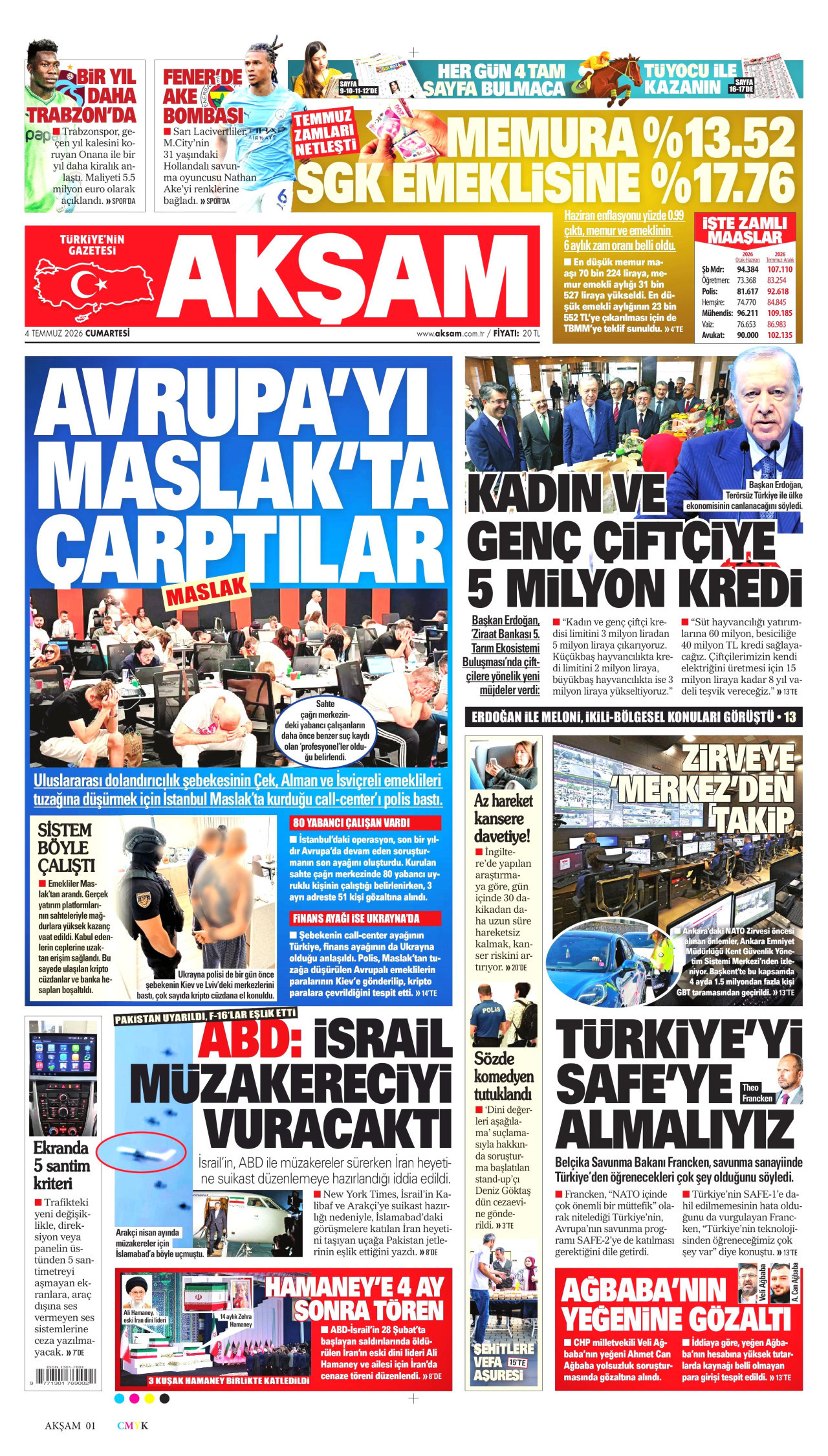 AKŞAM gazetesinin 4 Temmuz 2026 tarihli birinci sayfası