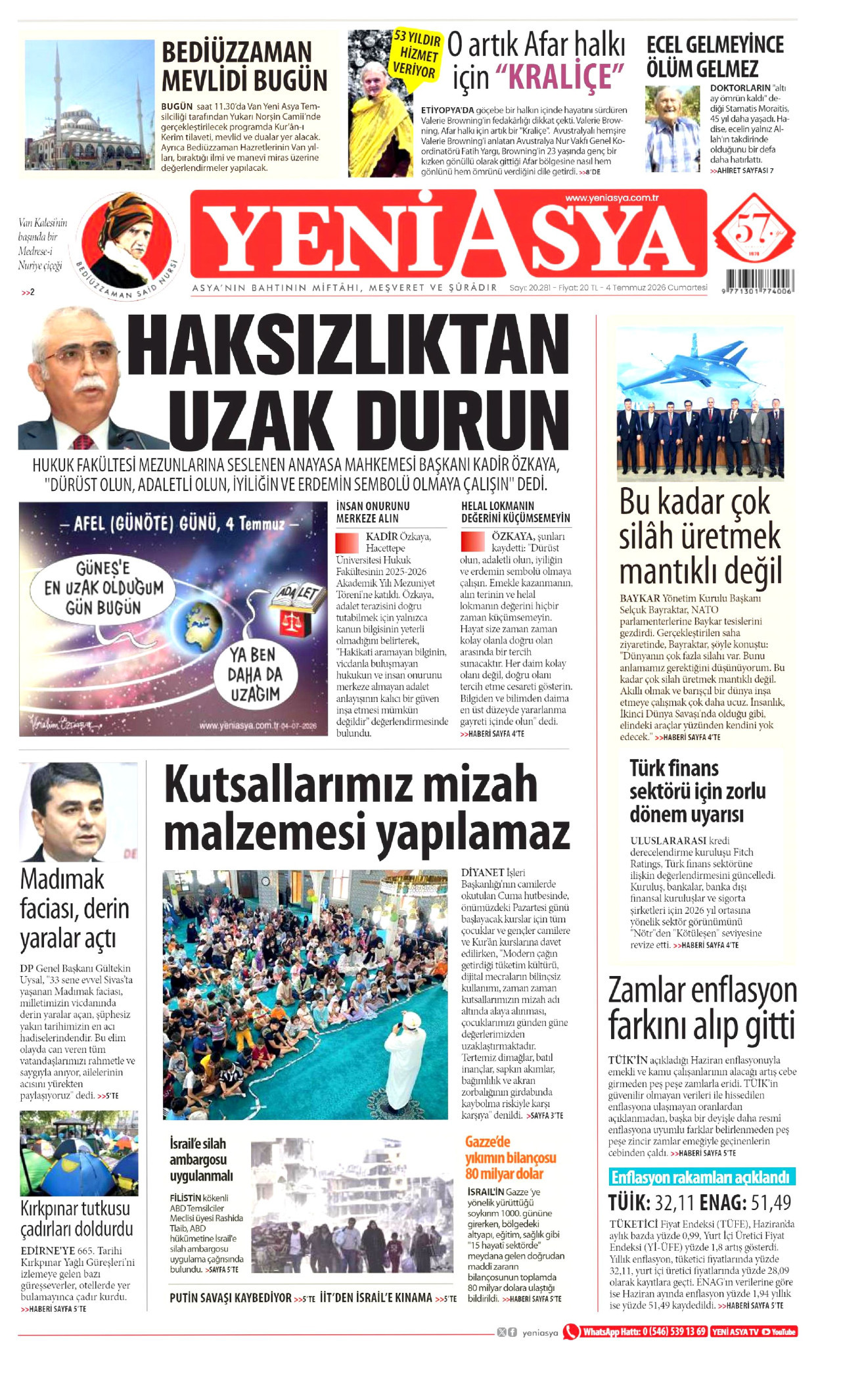 YENİ ASYA gazetesinin 4 Temmuz 2026 tarihli birinci sayfası