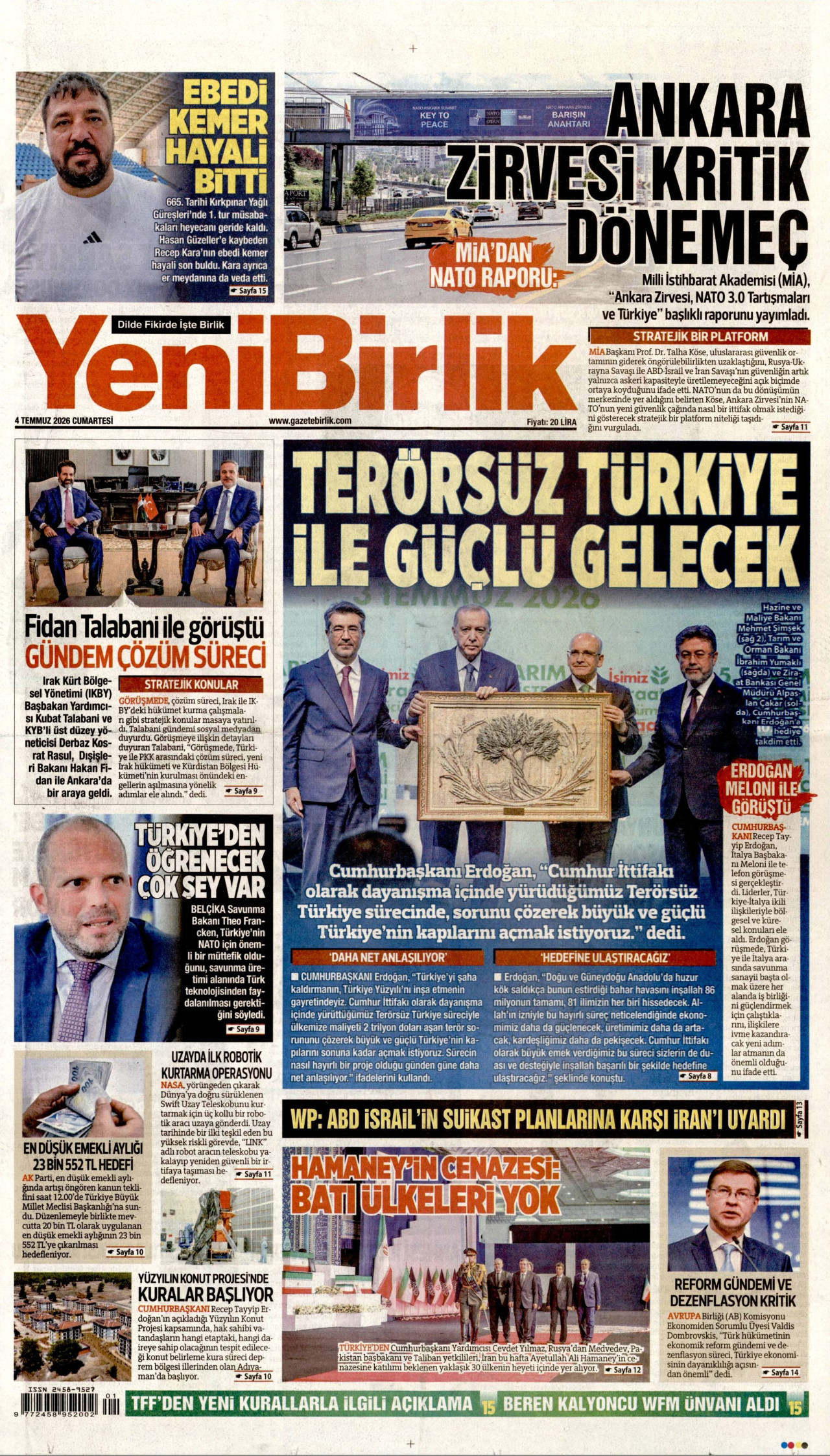 YENİBİRLİK gazetesinin 4 Temmuz 2026 tarihli birinci sayfası