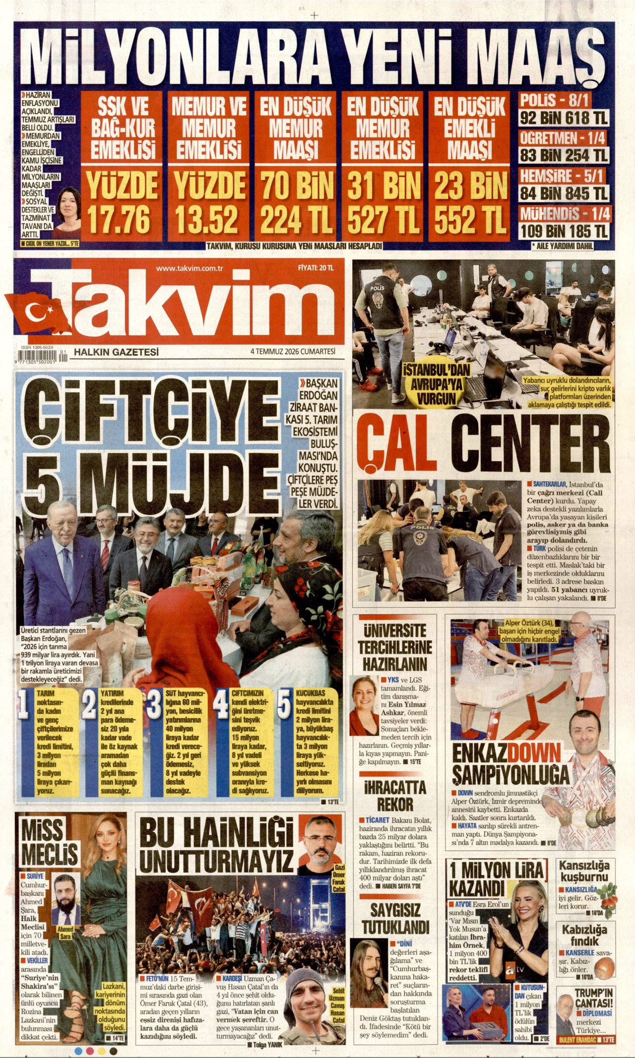 TAKVİM gazetesinin 4 Temmuz 2026 tarihli birinci sayfası