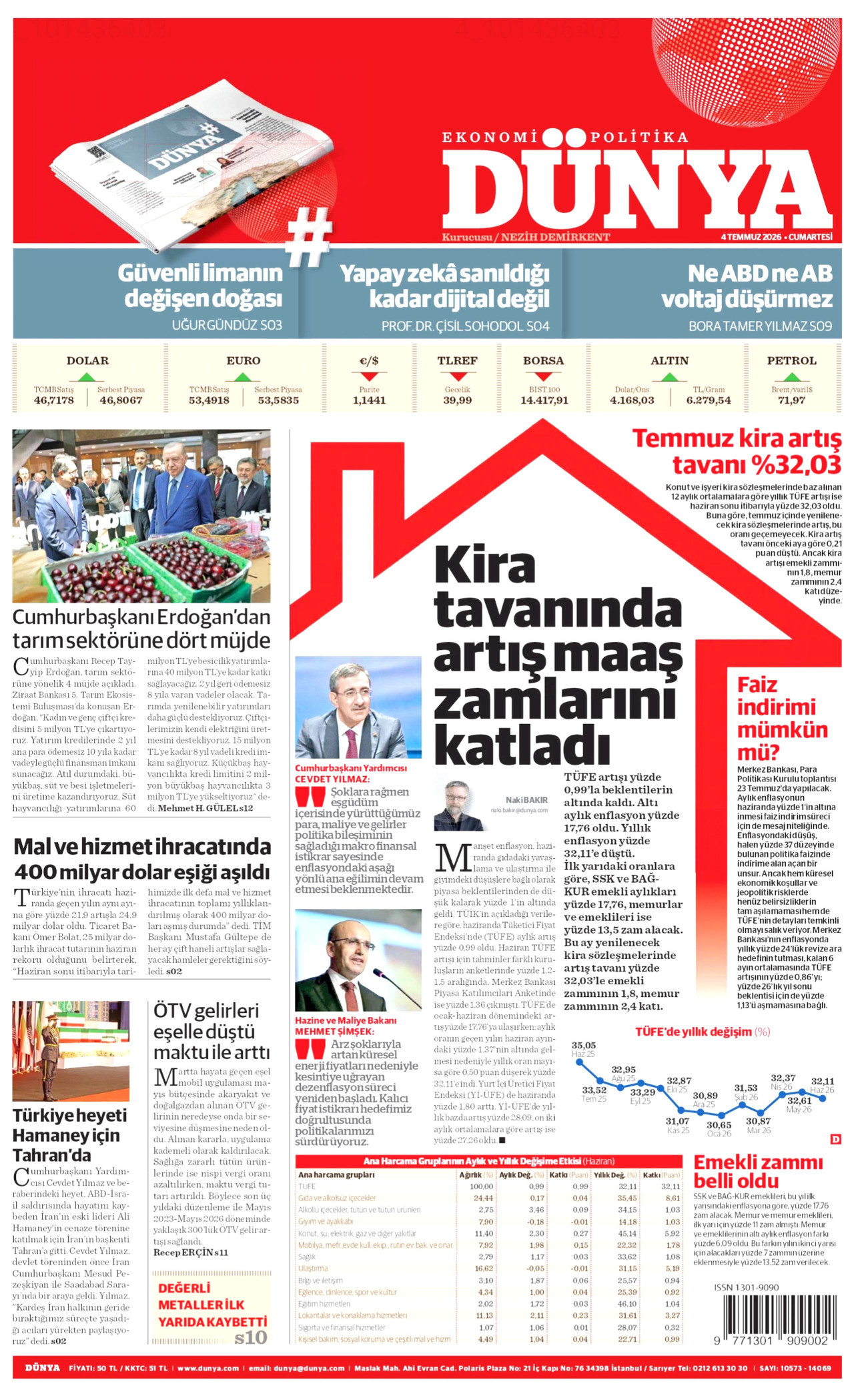 DÜNYA gazetesinin 4 Temmuz 2026 tarihli birinci sayfası