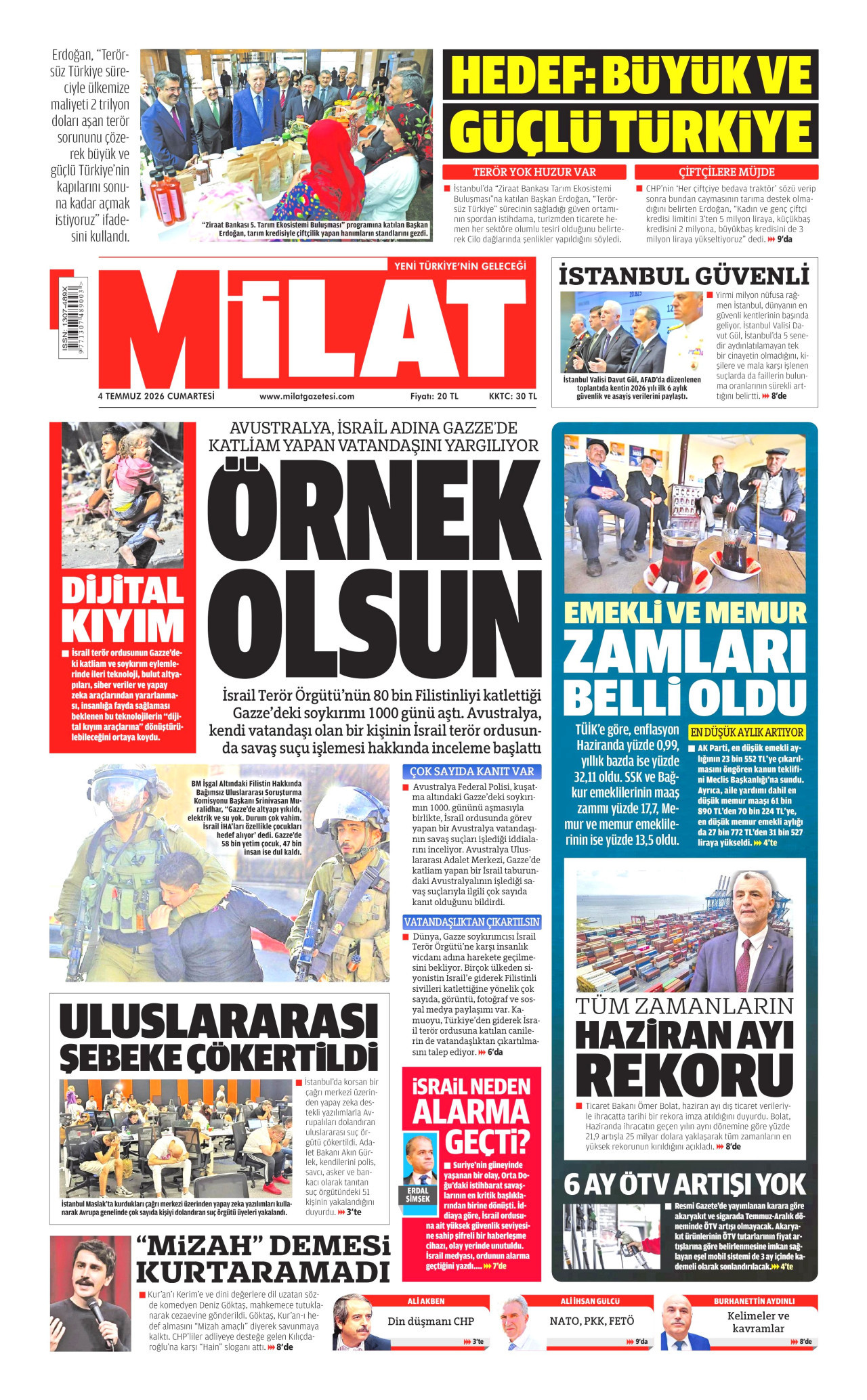 MİLAT gazetesinin 4 Temmuz 2026 tarihli birinci sayfası