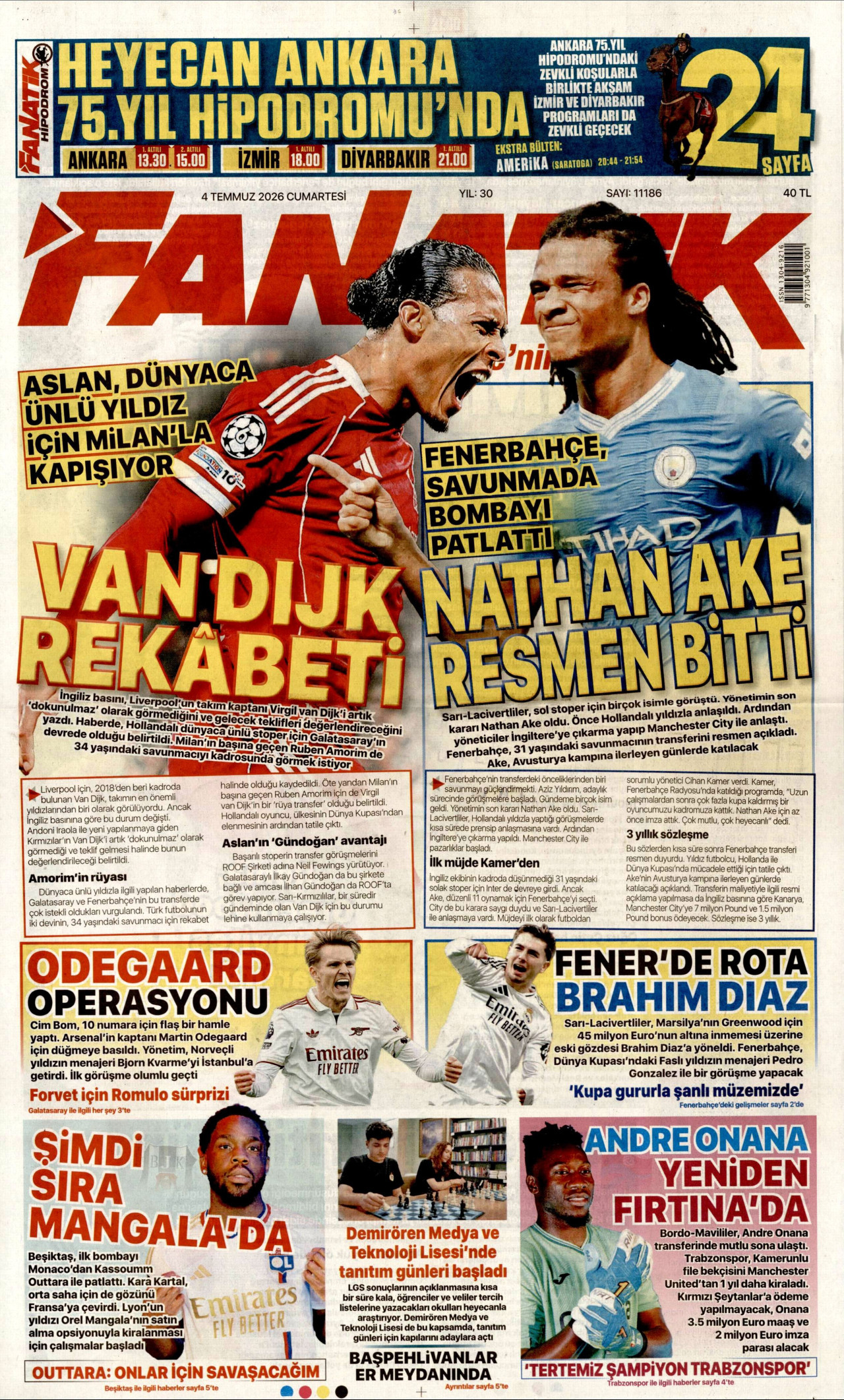 FANATİK gazetesinin 4 Temmuz 2026 tarihli birinci sayfası