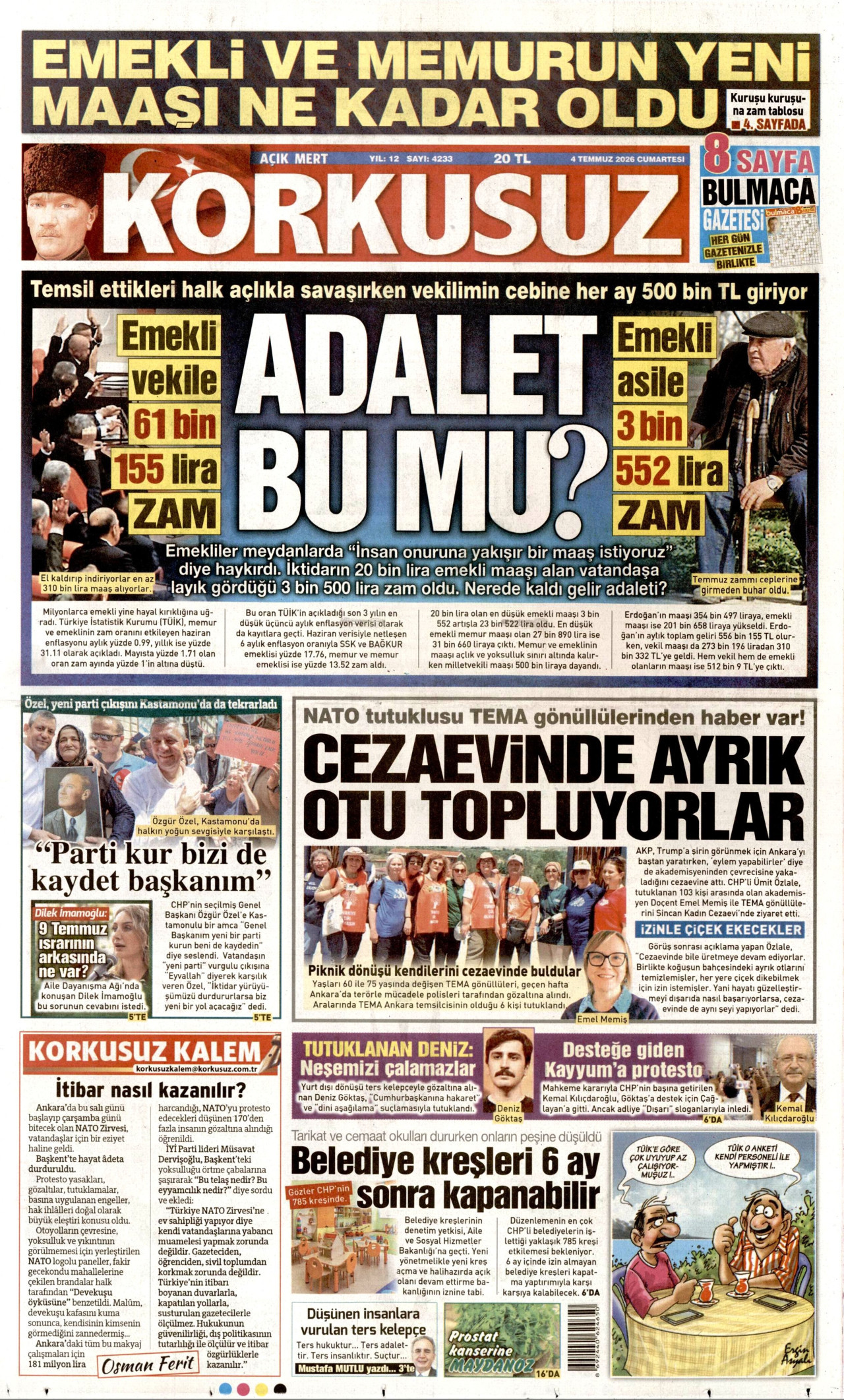 KORKUSUZ gazetesinin 4 Temmuz 2026 tarihli birinci sayfası