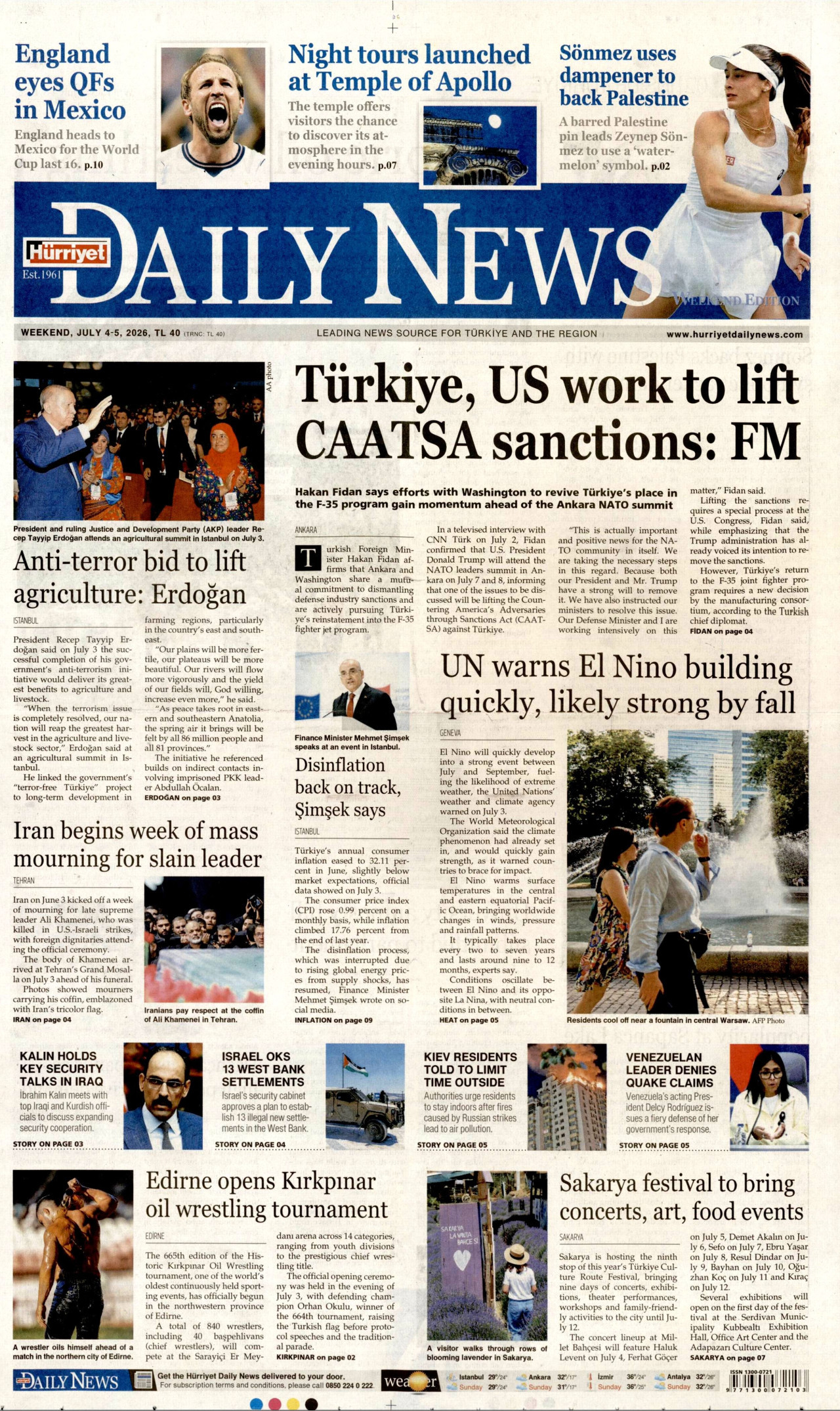 HÜRRİYET DAİLY NEWS gazetesinin 4 Temmuz 2026 tarihli birinci sayfası