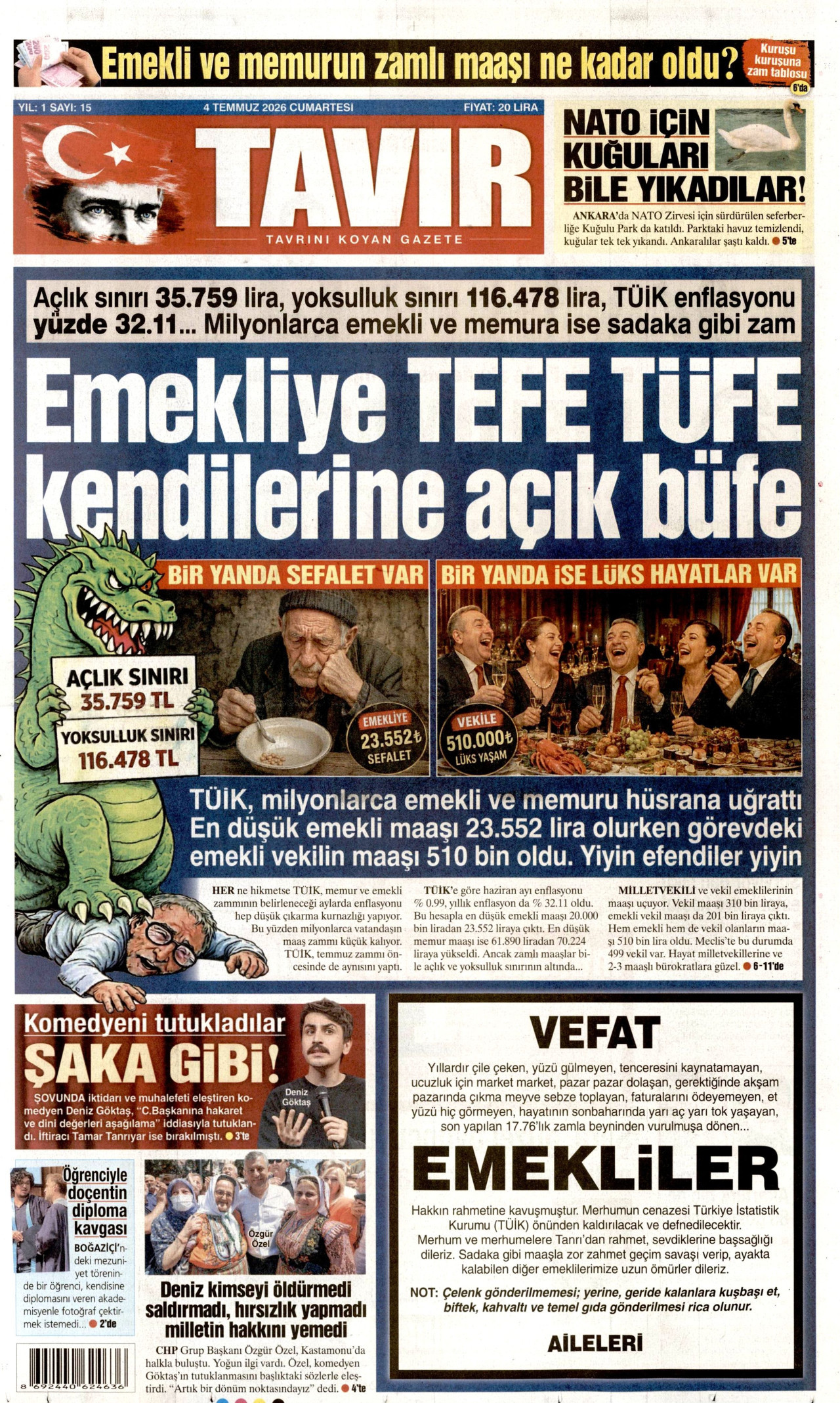 TAVIR GAZETESİ gazetesinin 4 Temmuz 2026 tarihli birinci sayfası