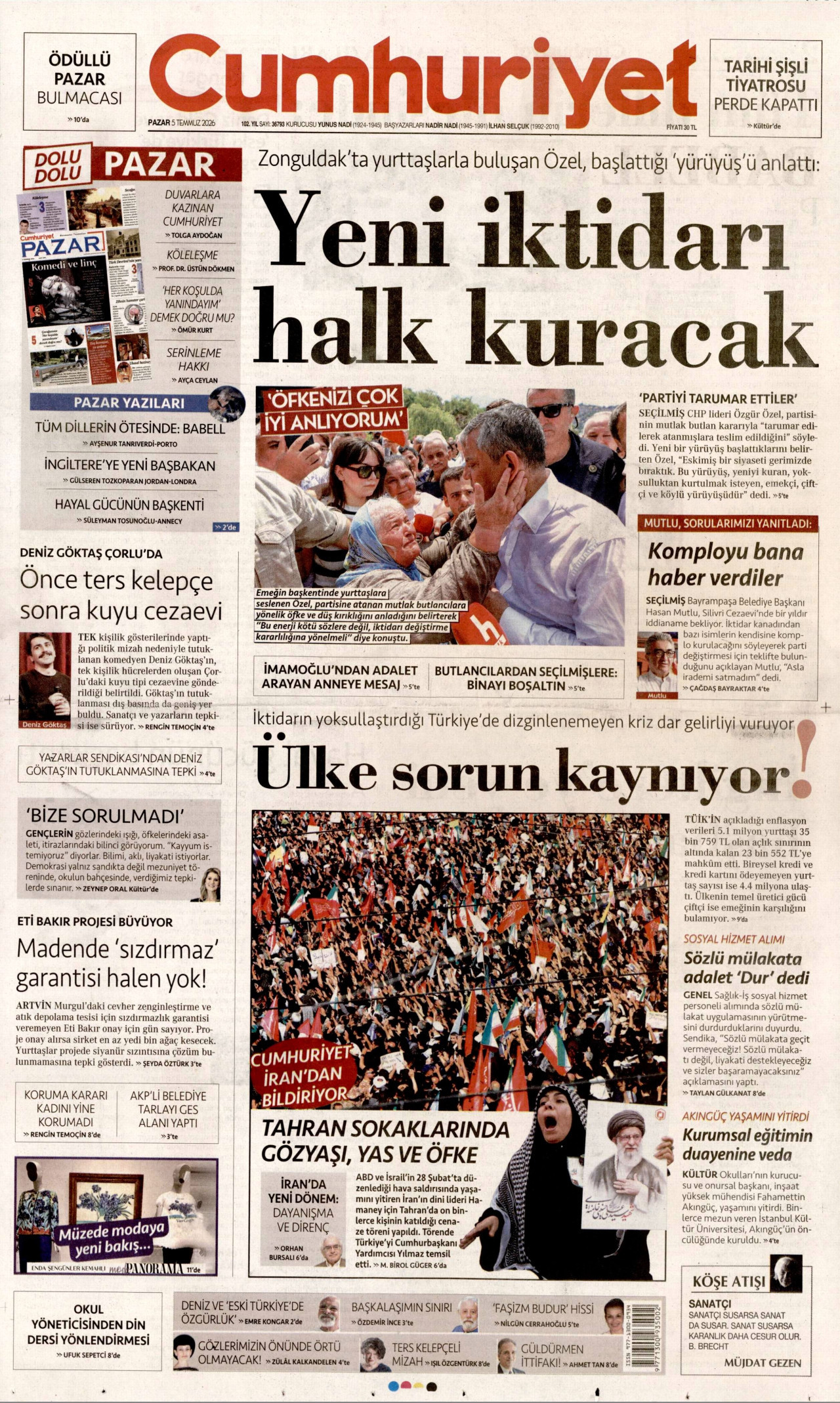 CUMHURİYET gazetesinin 5 Temmuz 2026 tarihli birinci sayfası