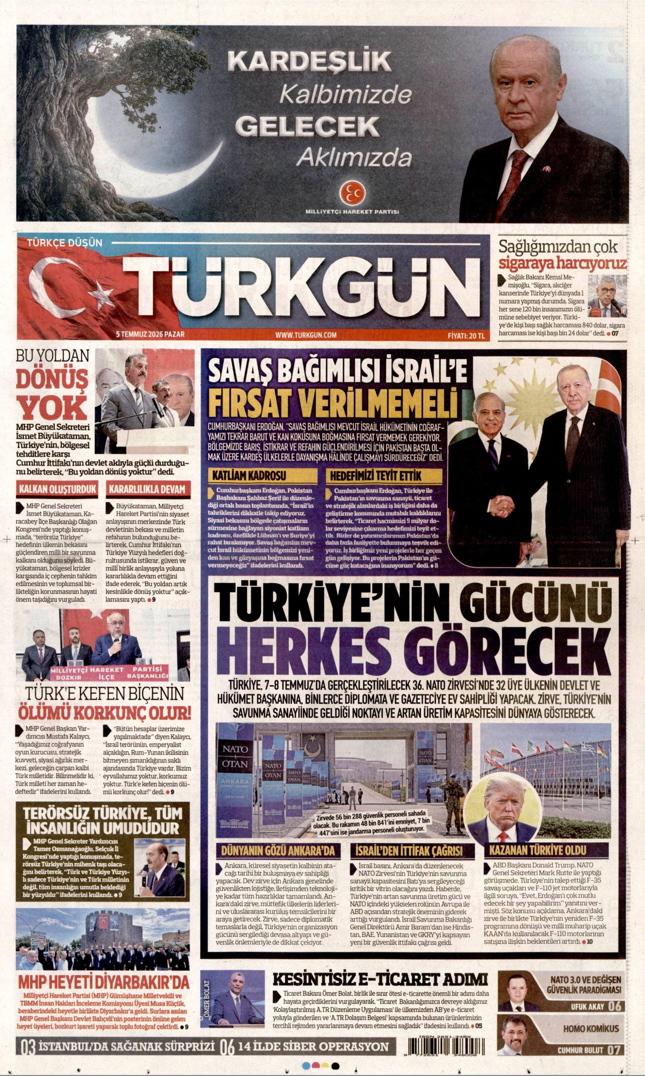 TÜRKGÜN gazetesinin 5 Temmuz 2026 tarihli birinci sayfası
