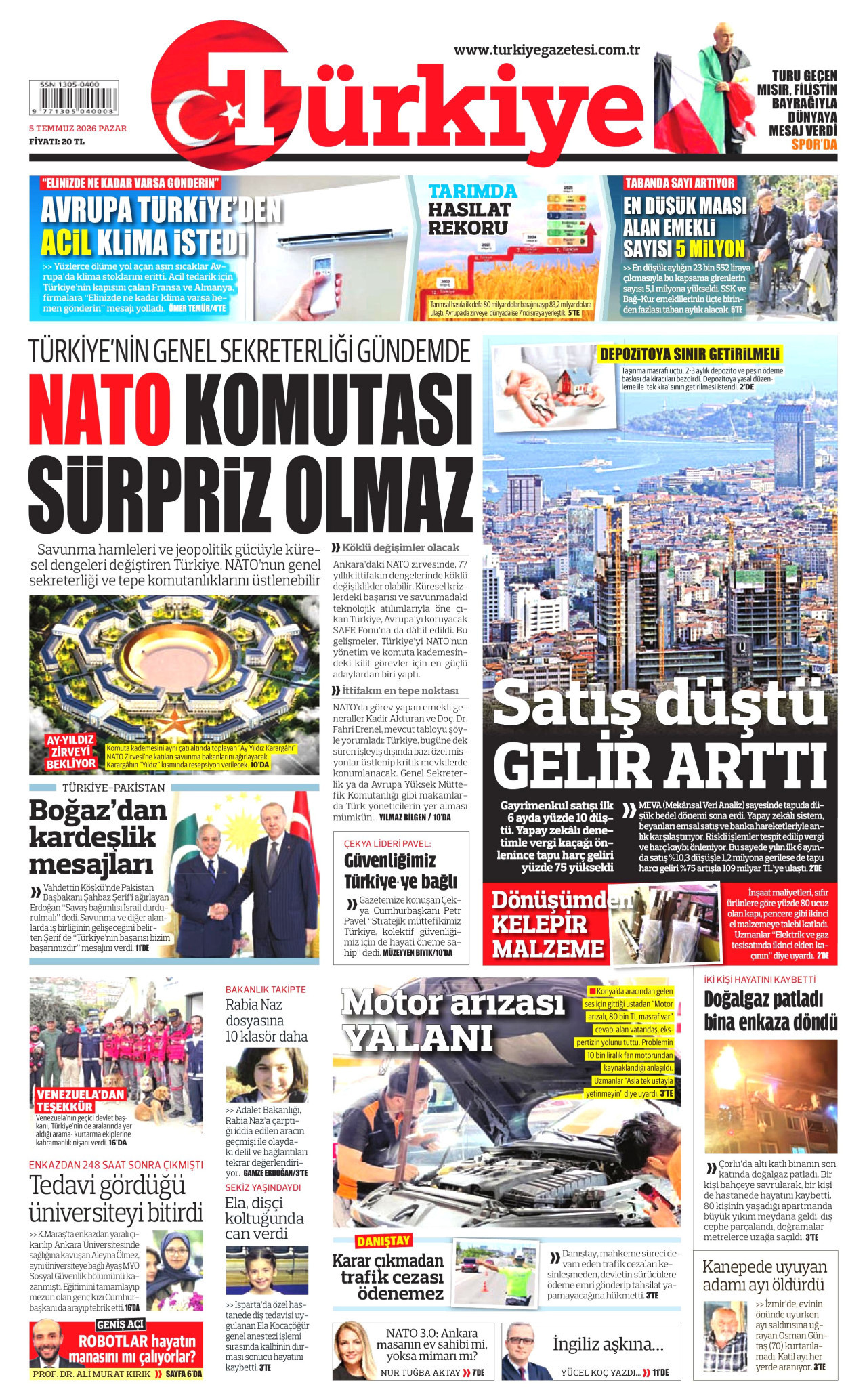 TÜRKİYE GAZETESİ gazetesinin 5 Temmuz 2026 tarihli birinci sayfası