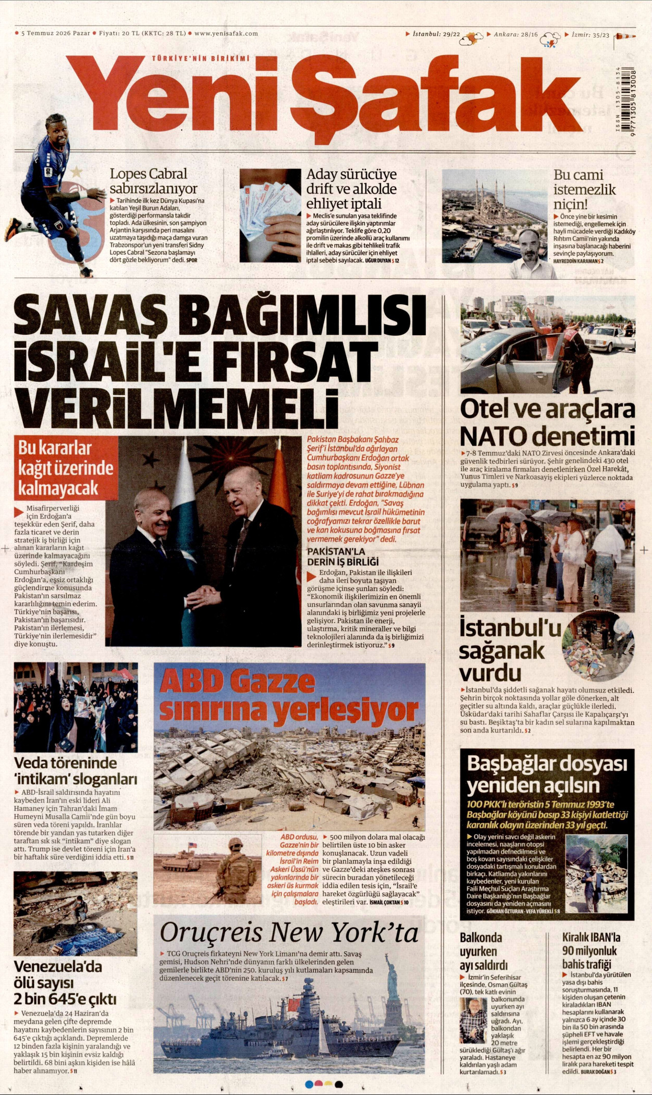 YENİ ŞAFAK gazetesinin 5 Temmuz 2026 tarihli birinci sayfası