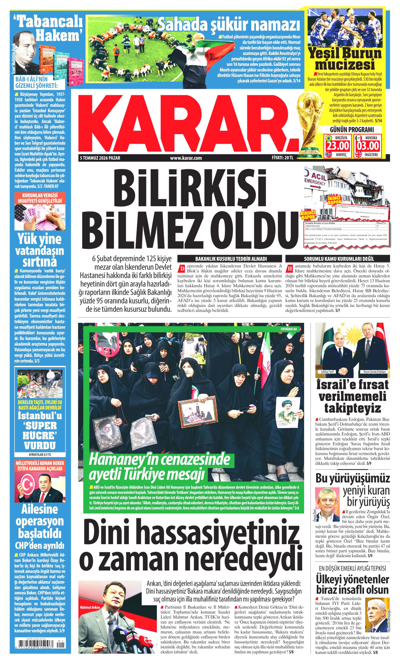 KARAR gazetesinin 5 Temmuz 2026 tarihli birinci sayfası
