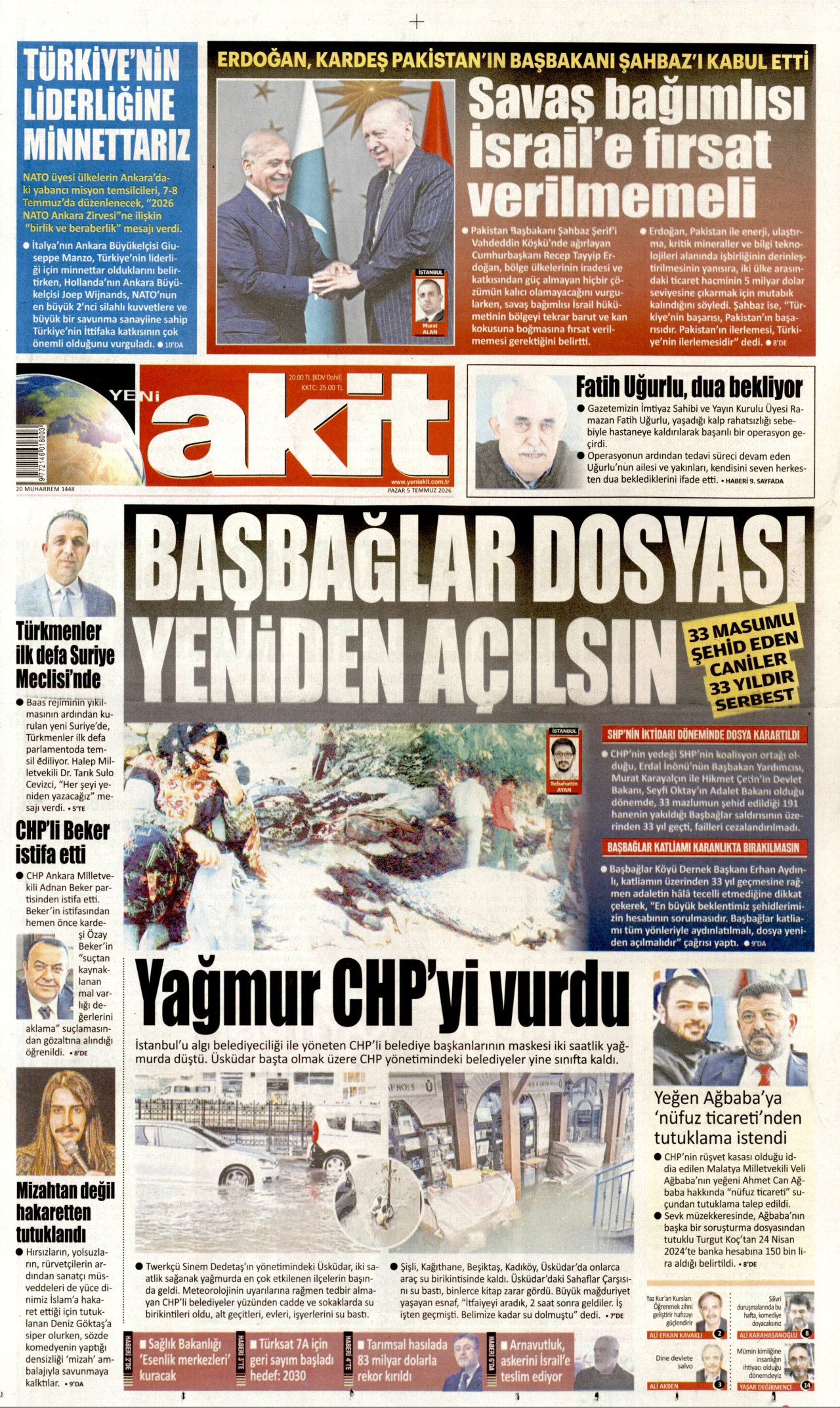 YENİ AKİT gazetesinin 5 Temmuz 2026 tarihli birinci sayfası