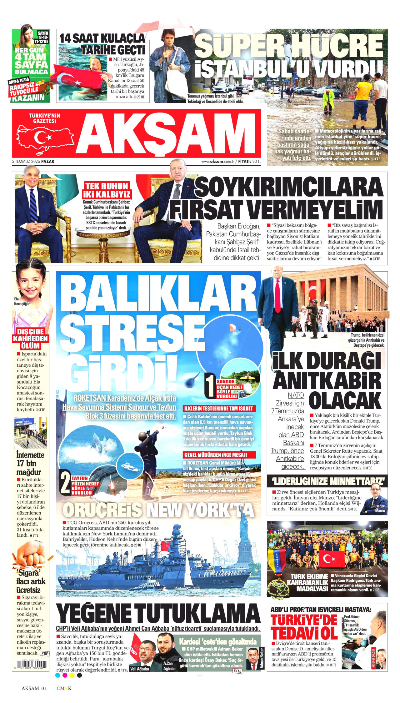 AKŞAM gazetesinin 5 Temmuz 2026 tarihli birinci sayfası
