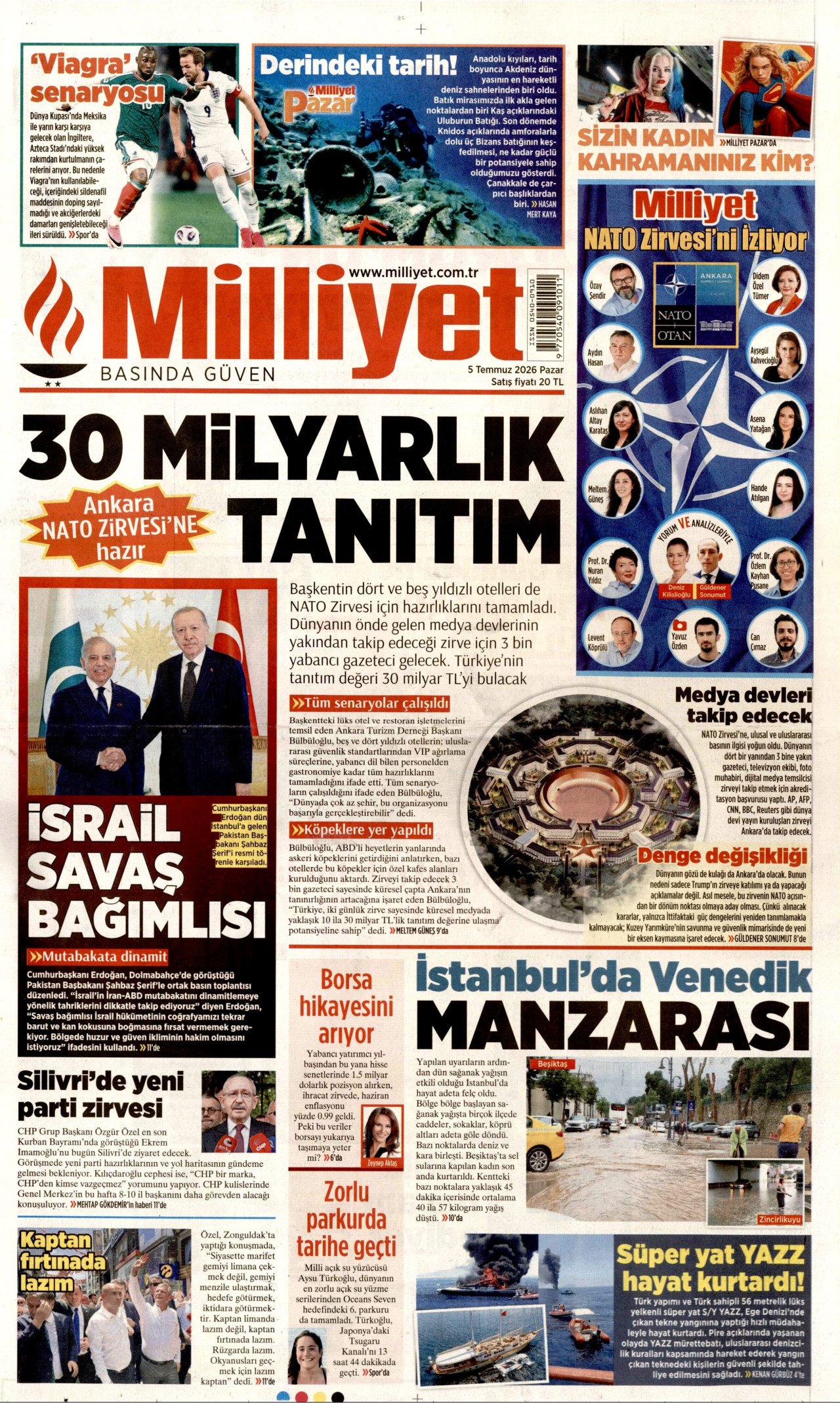 MİLLİYET gazetesinin 5 Temmuz 2026 tarihli birinci sayfası