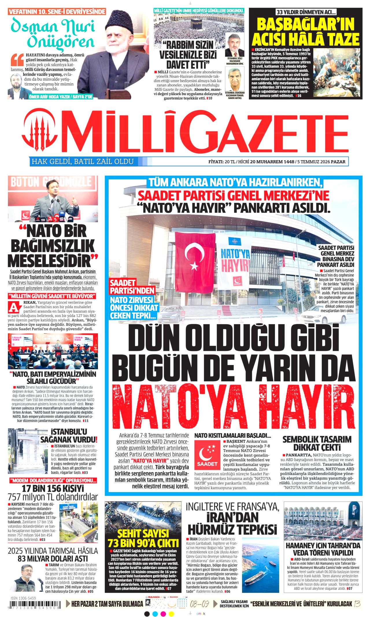 MİLLİ GAZETE gazetesinin 5 Temmuz 2026 tarihli birinci sayfası