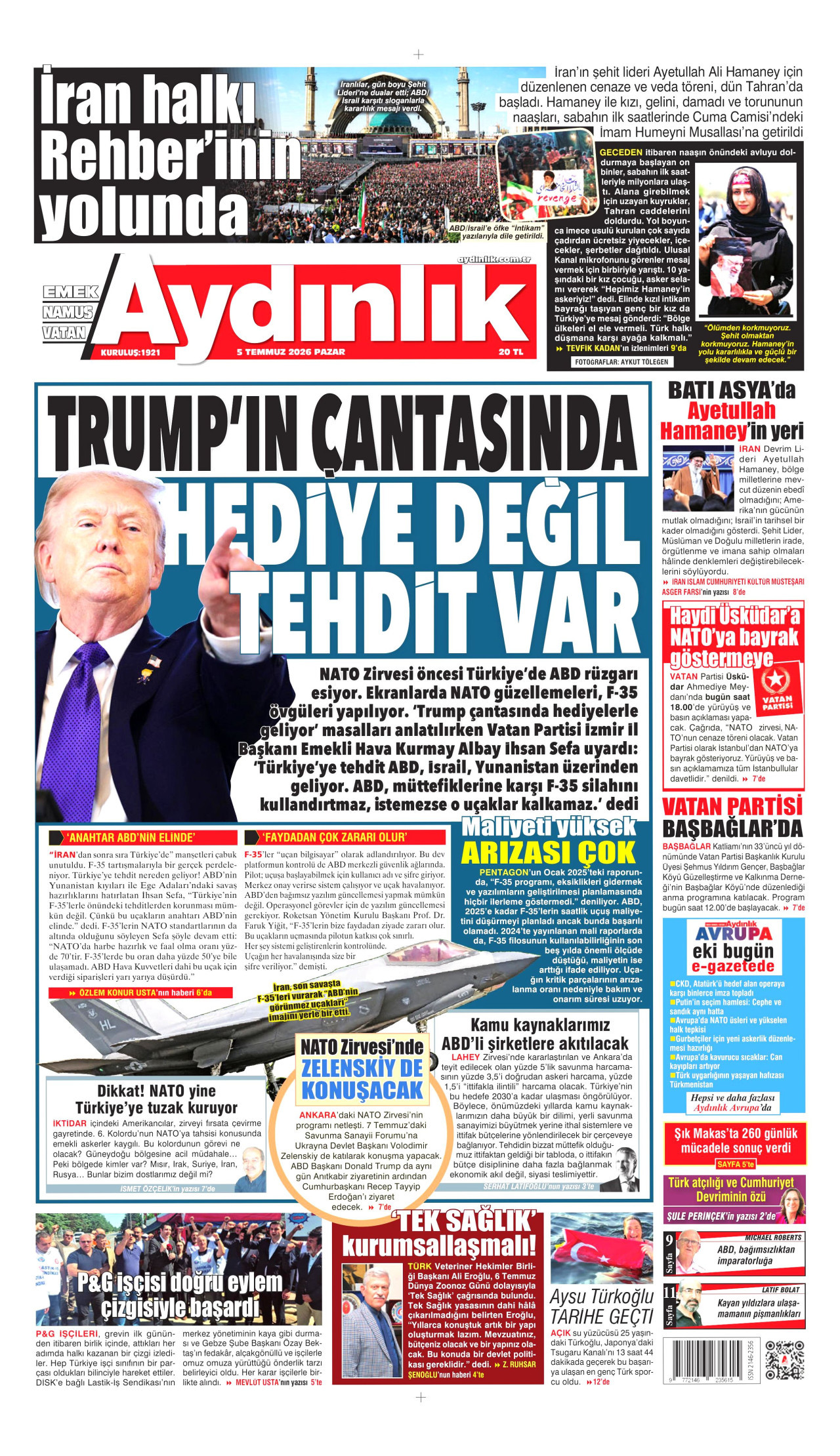 AYDINLIK GAZETESİ gazetesinin 5 Temmuz 2026 tarihli birinci sayfası