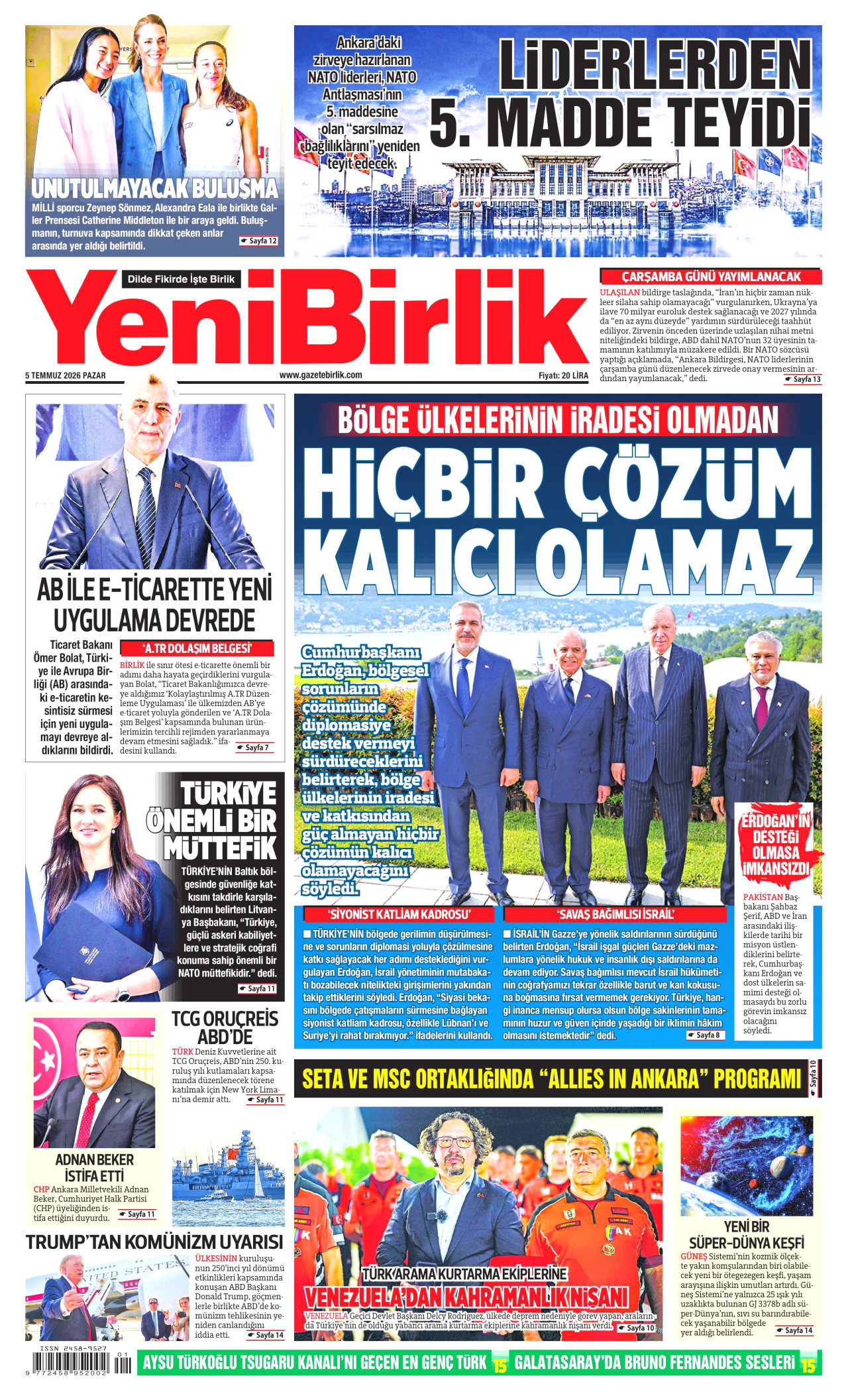 YENİBİRLİK gazetesinin 5 Temmuz 2026 tarihli birinci sayfası