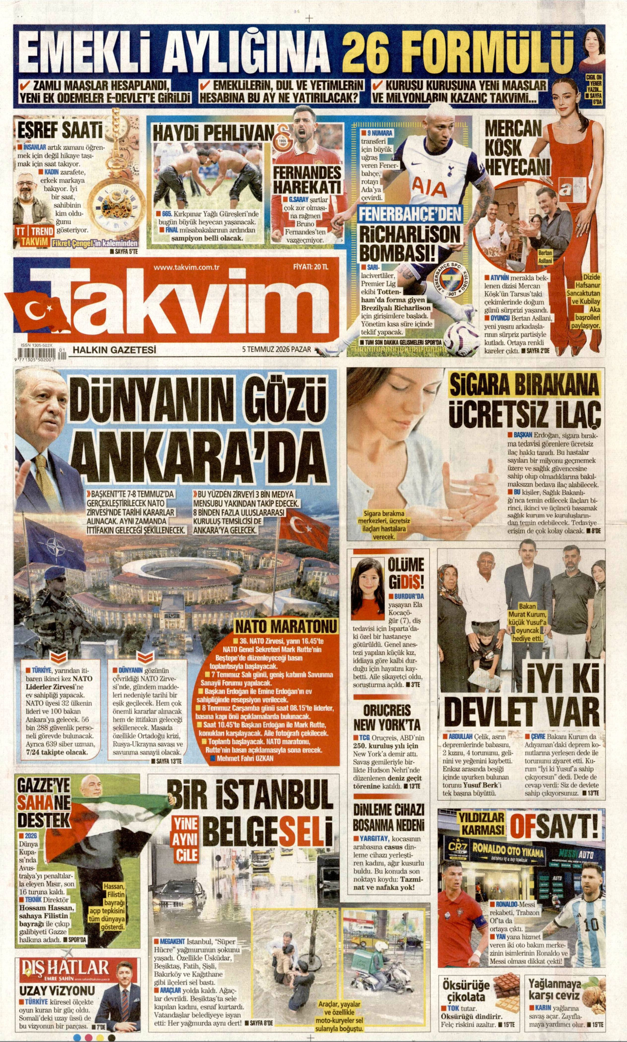 TAKVİM gazetesinin 5 Temmuz 2026 tarihli birinci sayfası