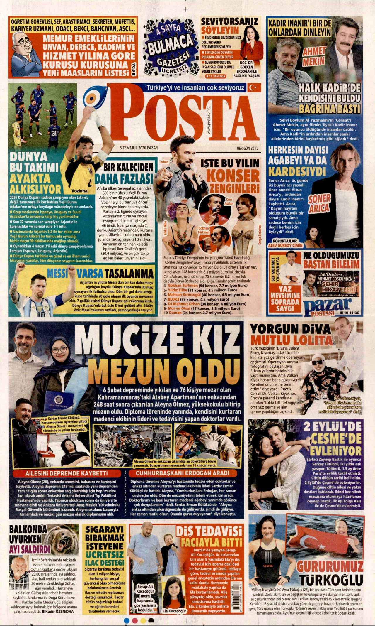POSTA gazetesinin 5 Temmuz 2026 tarihli birinci sayfası