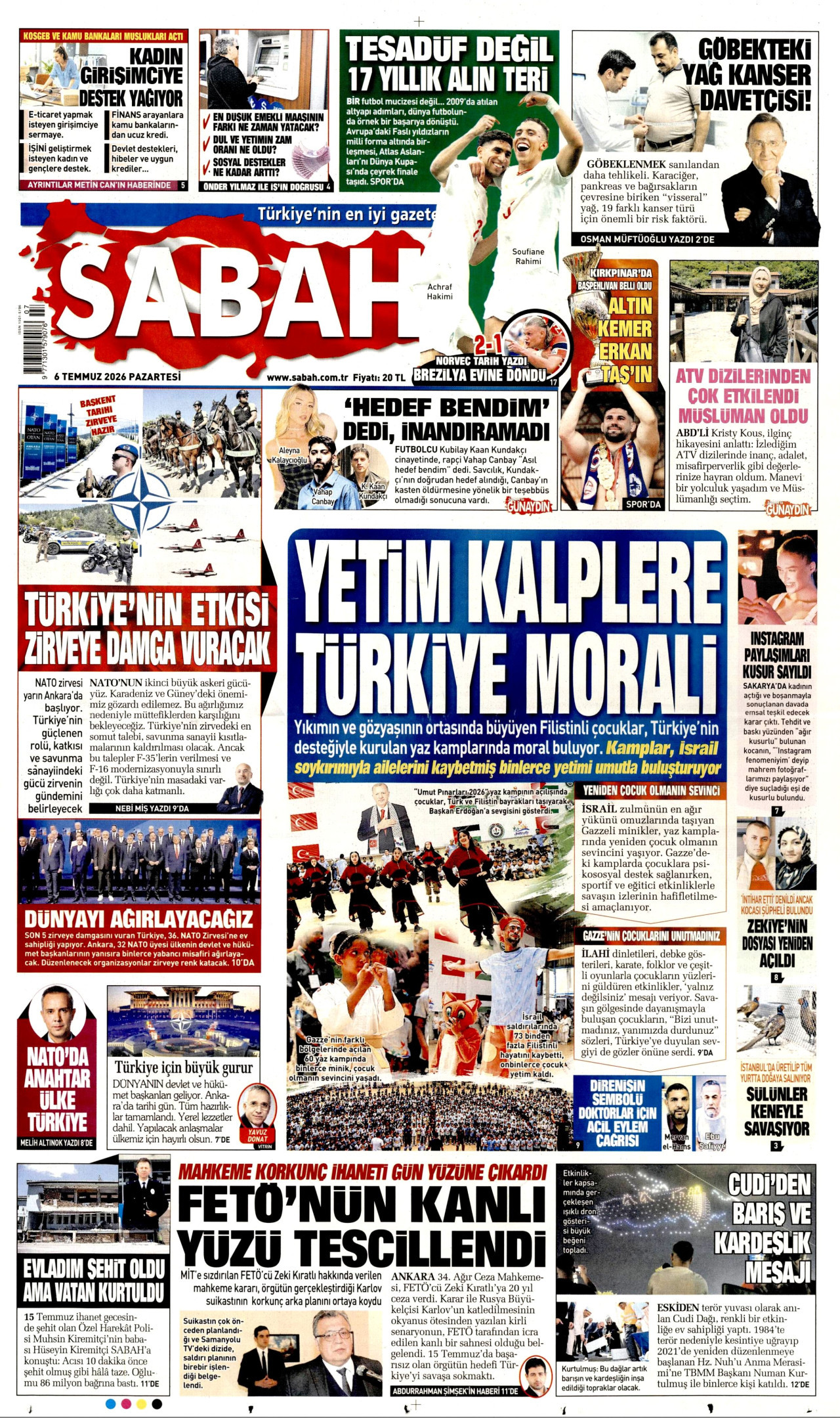 SABAH gazetesinin 6 Temmuz 2026 tarihli birinci sayfası