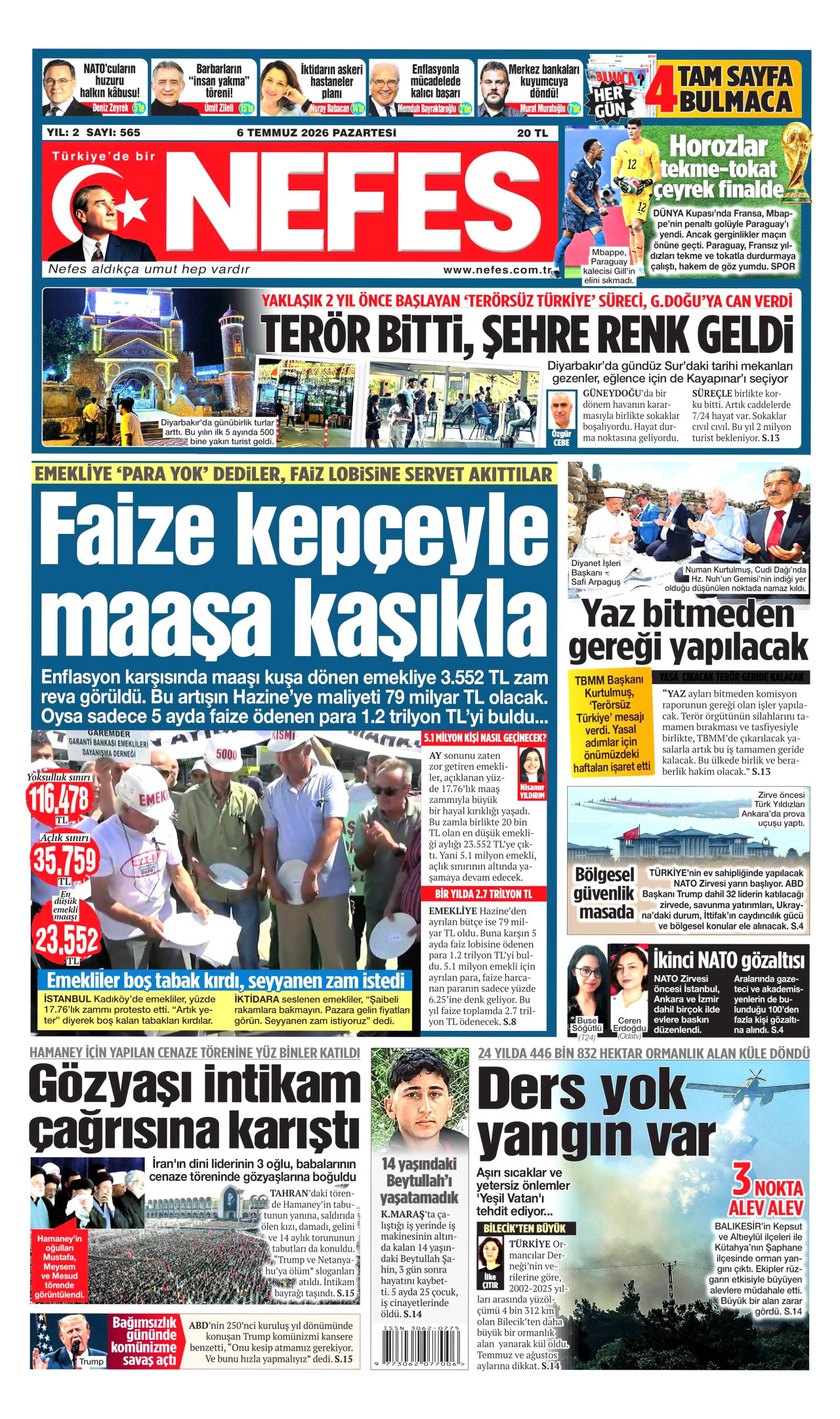 NEFES gazetesinin 6 Temmuz 2026 tarihli birinci sayfası