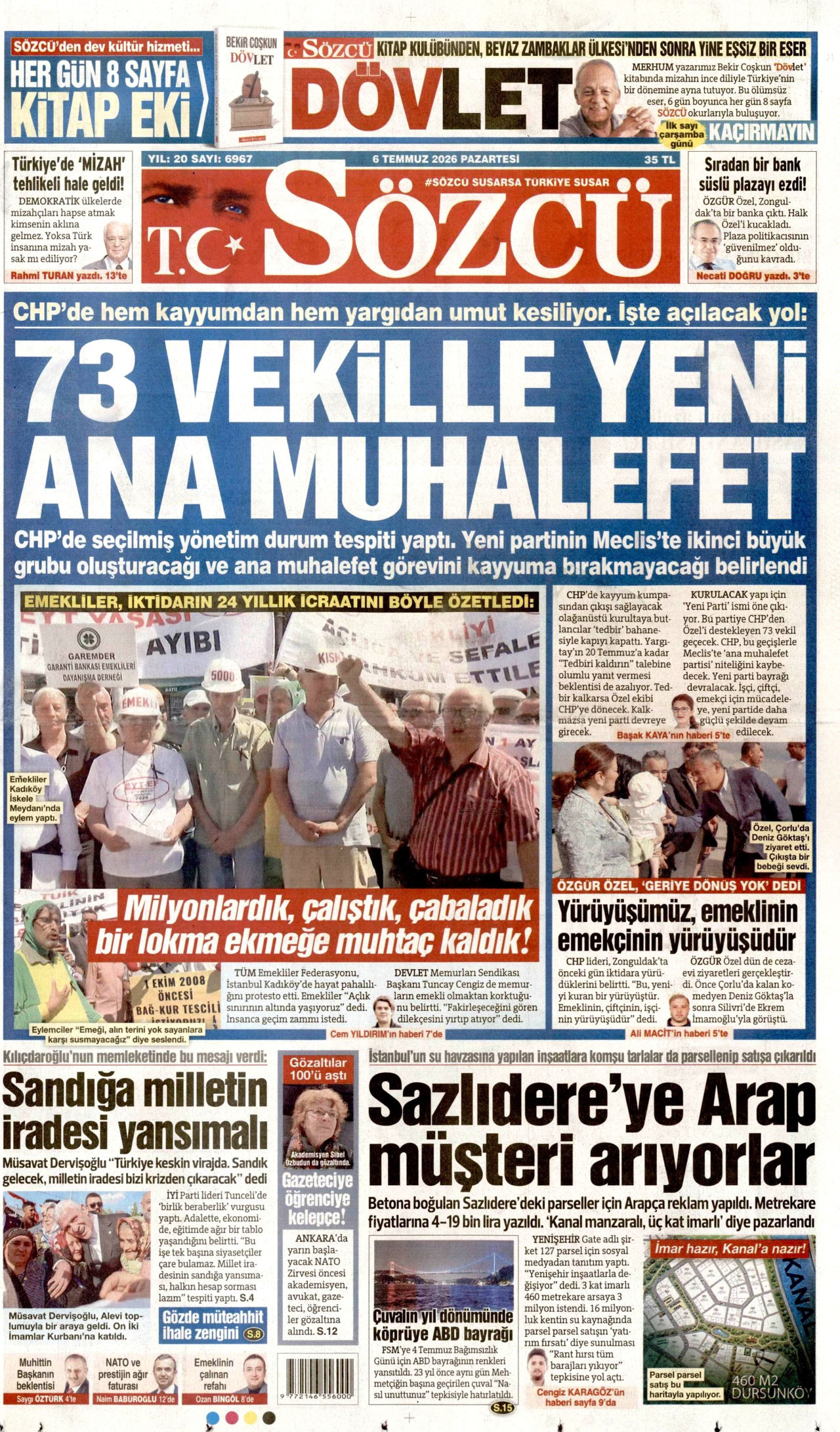 SÖZCÜ gazetesinin 6 Temmuz 2026 tarihli birinci sayfası