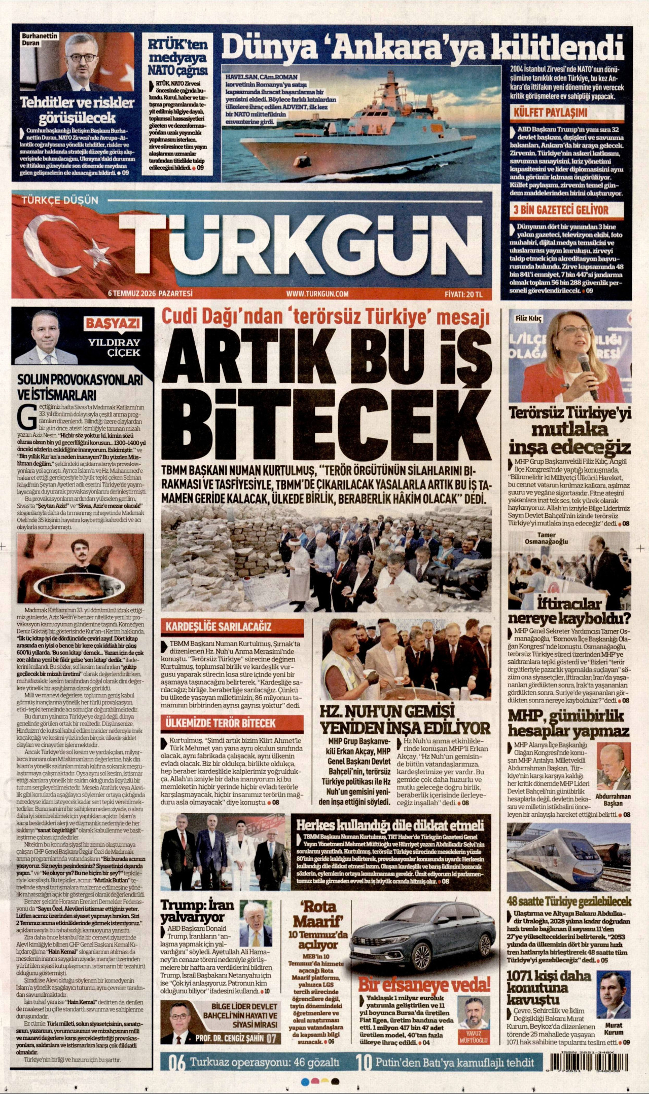 TÜRKGÜN gazetesinin 6 Temmuz 2026 tarihli birinci sayfası