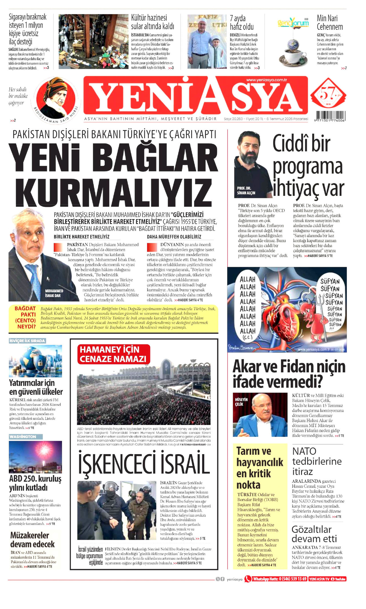 YENİ ASYA gazetesinin 6 Temmuz 2026 tarihli birinci sayfası