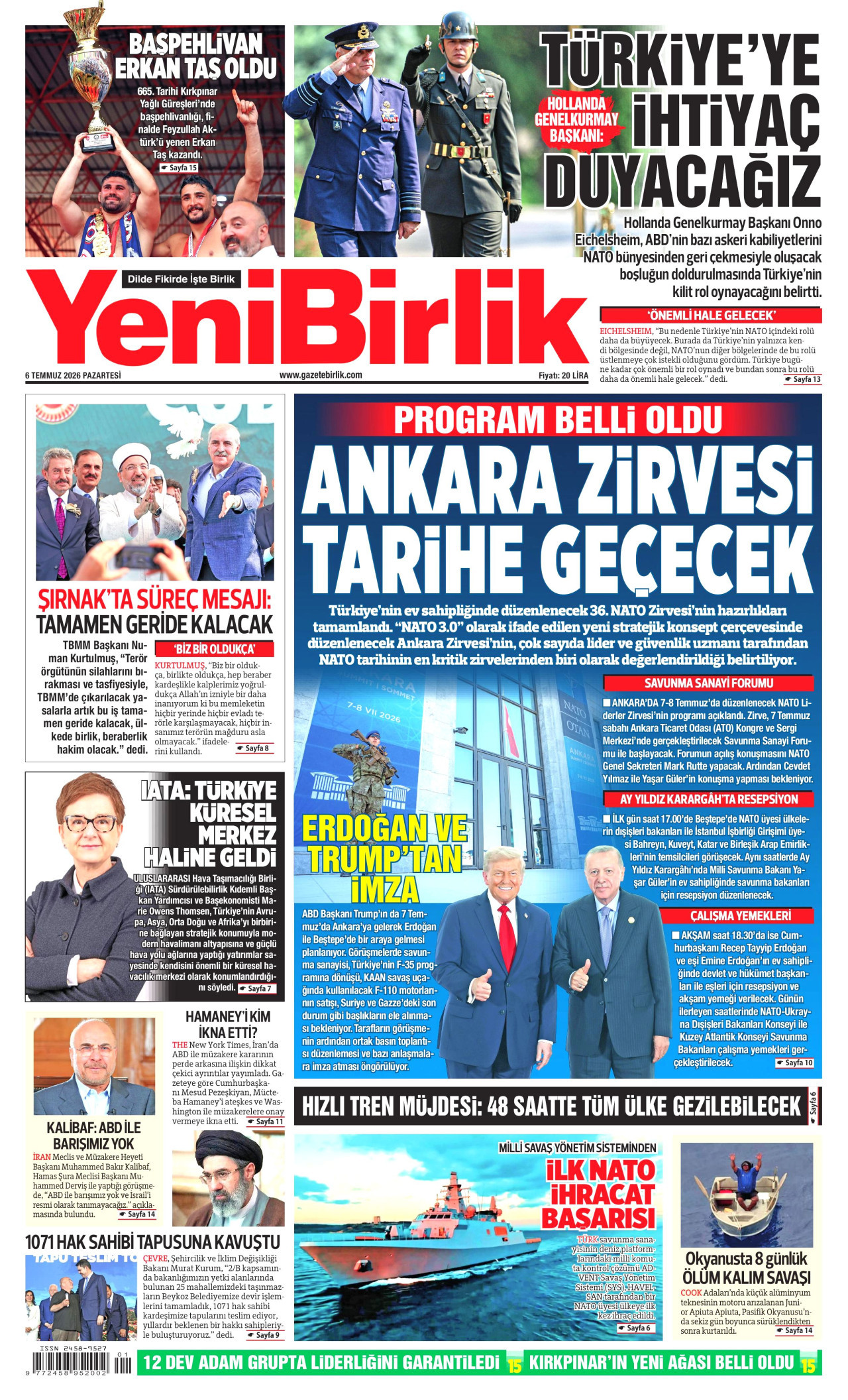 YENİBİRLİK gazetesinin 6 Temmuz 2026 tarihli birinci sayfası