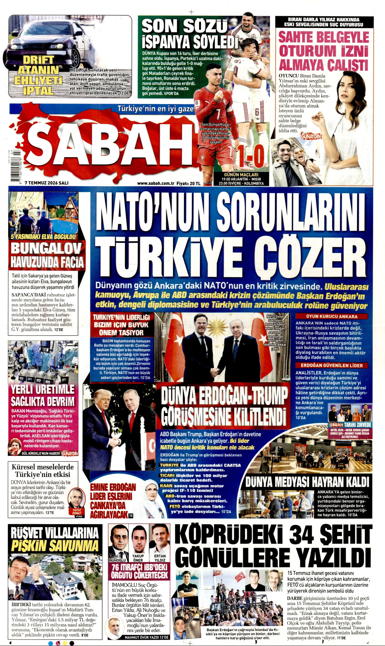 SABAH gazetesinin 7 Temmuz 2026 tarihli birinci sayfası