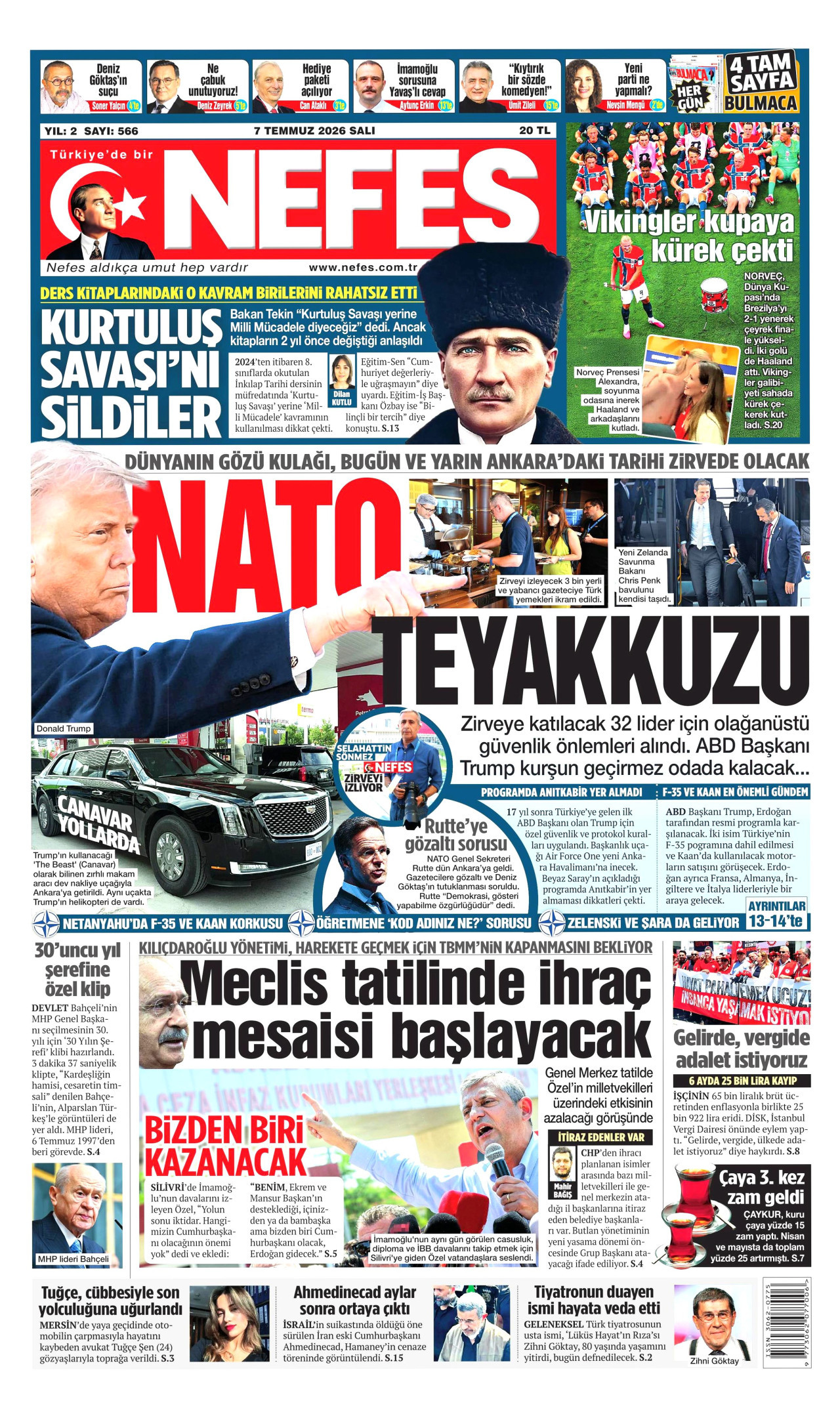 NEFES gazetesinin 7 Temmuz 2026 tarihli birinci sayfası