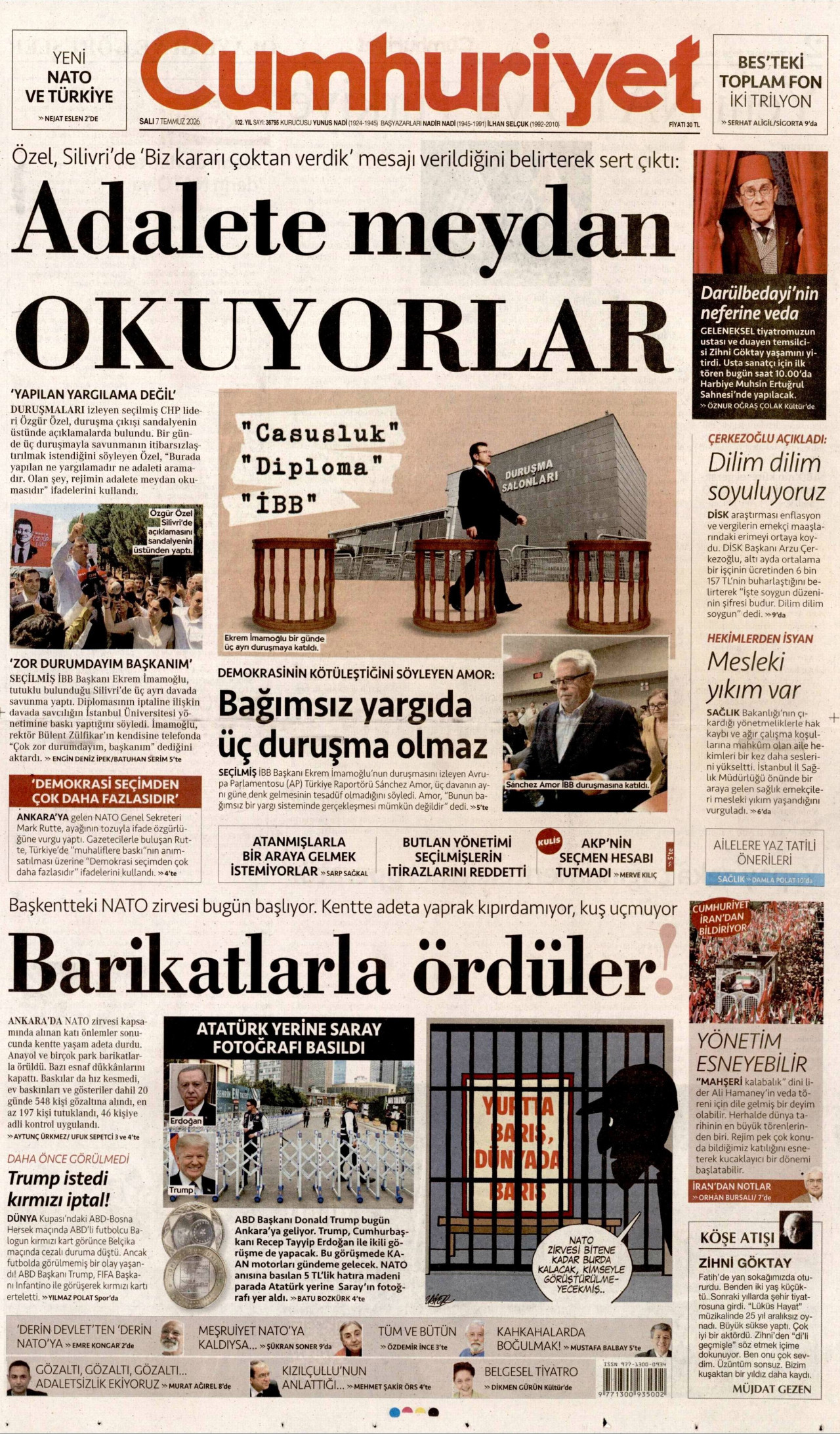 CUMHURİYET gazetesinin 7 Temmuz 2026 tarihli birinci sayfası