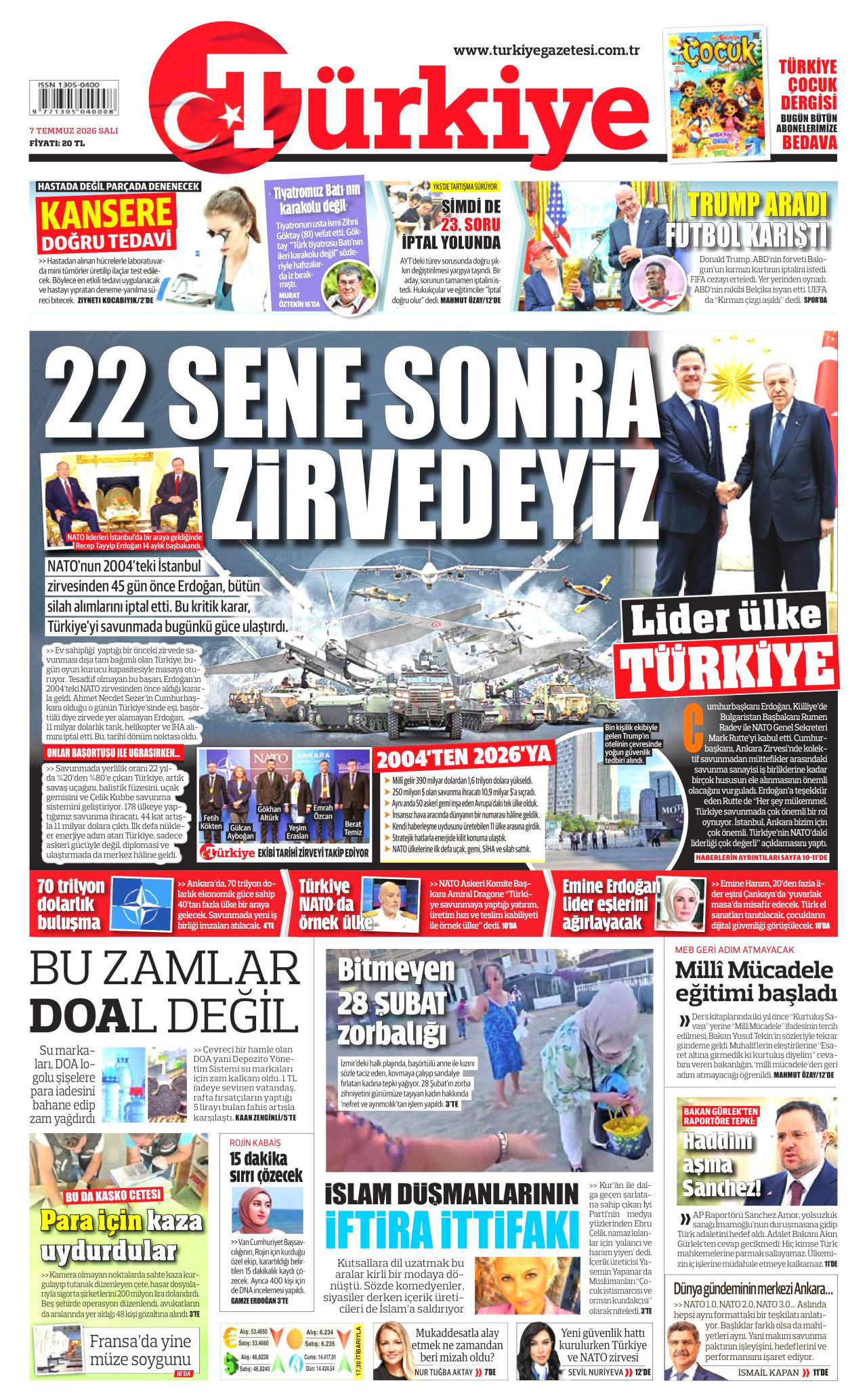 TÜRKİYE GAZETESİ gazetesinin 7 Temmuz 2026 tarihli birinci sayfası