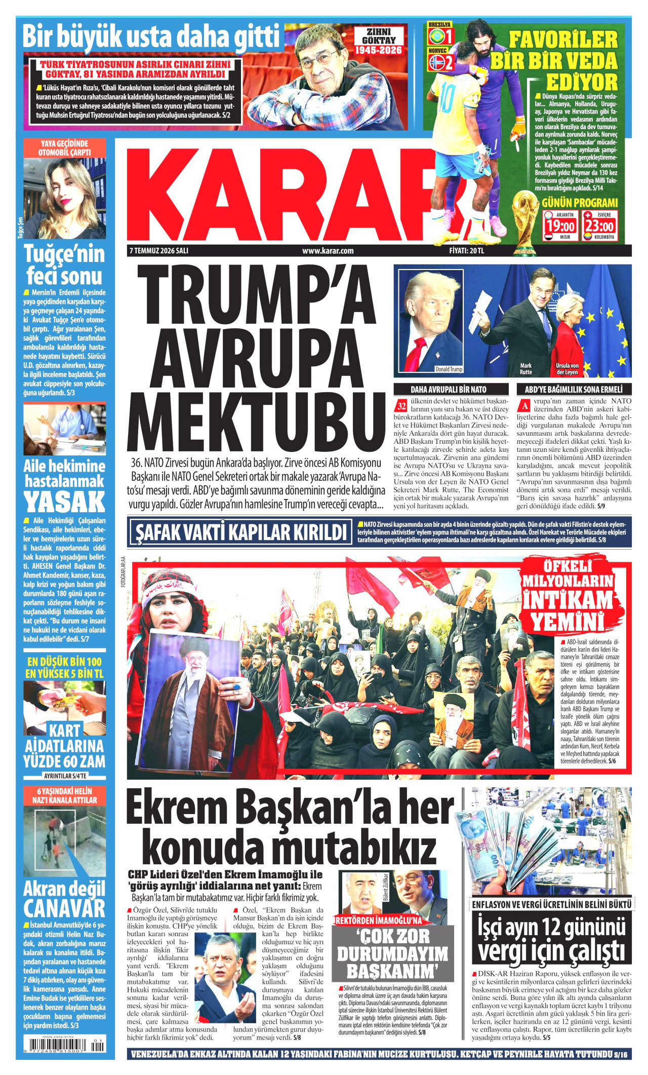 KARAR gazetesinin 7 Temmuz 2026 tarihli birinci sayfası