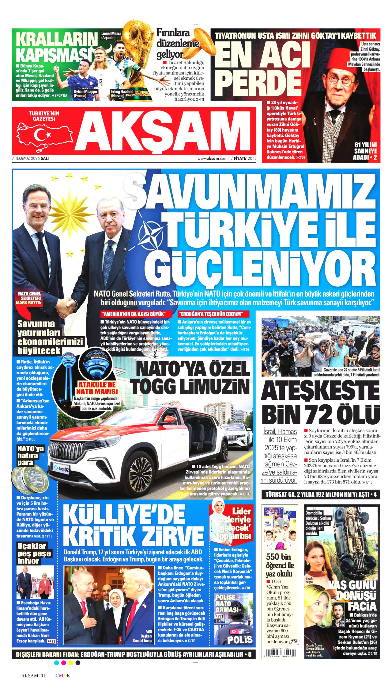 AKŞAM gazetesinin 7 Temmuz 2026 tarihli birinci sayfası
