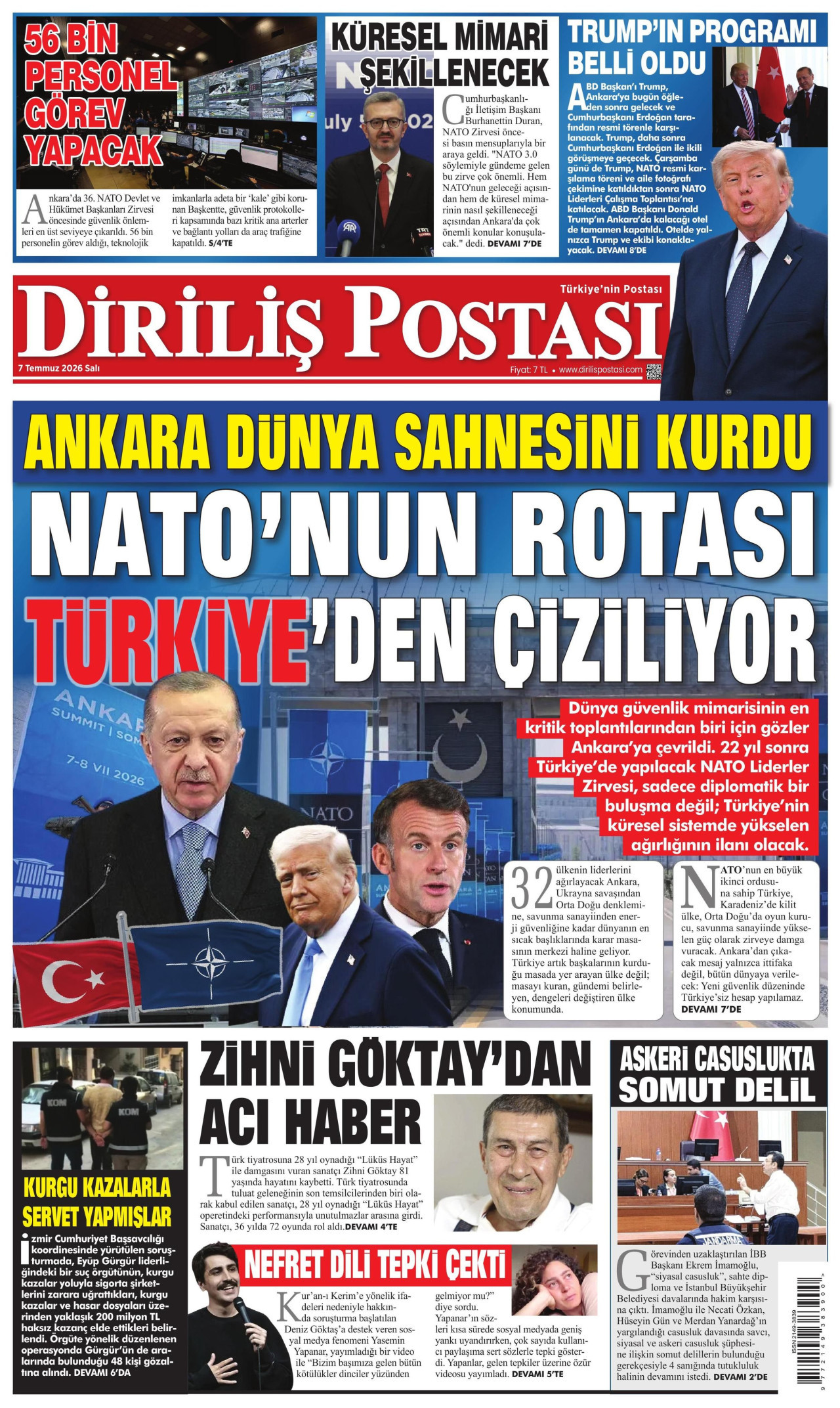 DİRİLİŞ POSTASI gazetesinin 7 Temmuz 2026 tarihli birinci sayfası