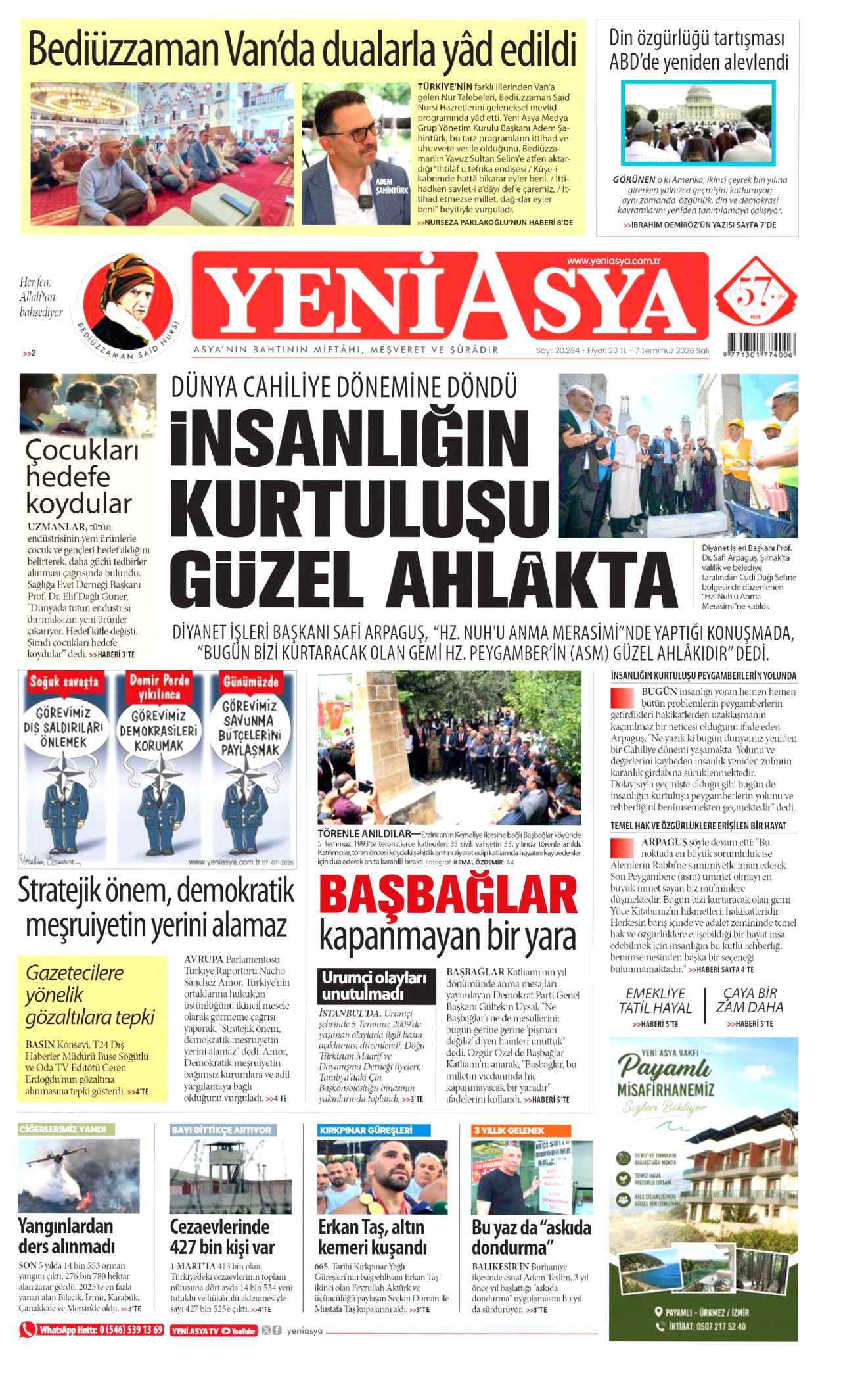 YENİ ASYA gazetesinin 7 Temmuz 2026 tarihli birinci sayfası