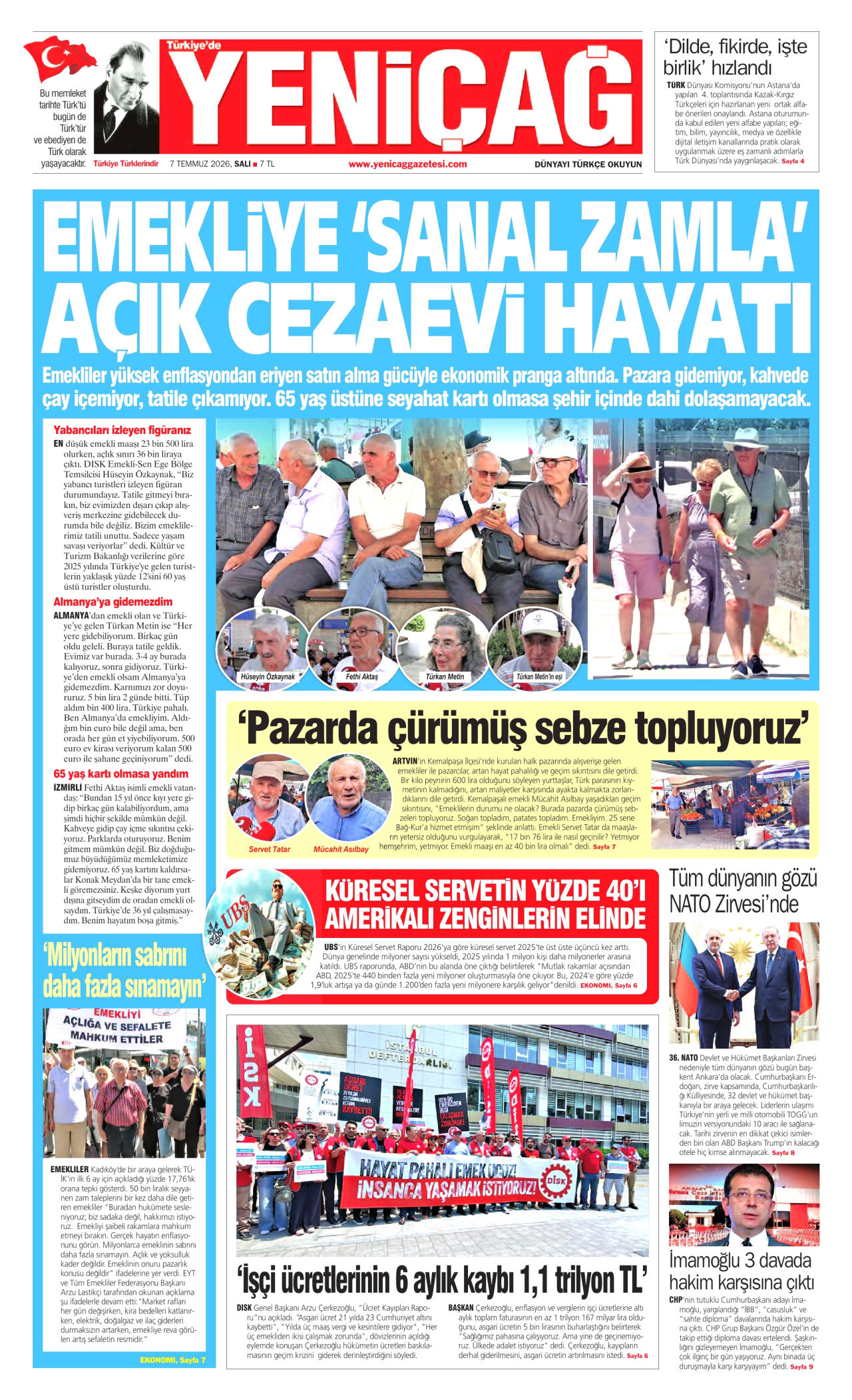 YENİÇAĞ gazetesinin 7 Temmuz 2026 tarihli birinci sayfası