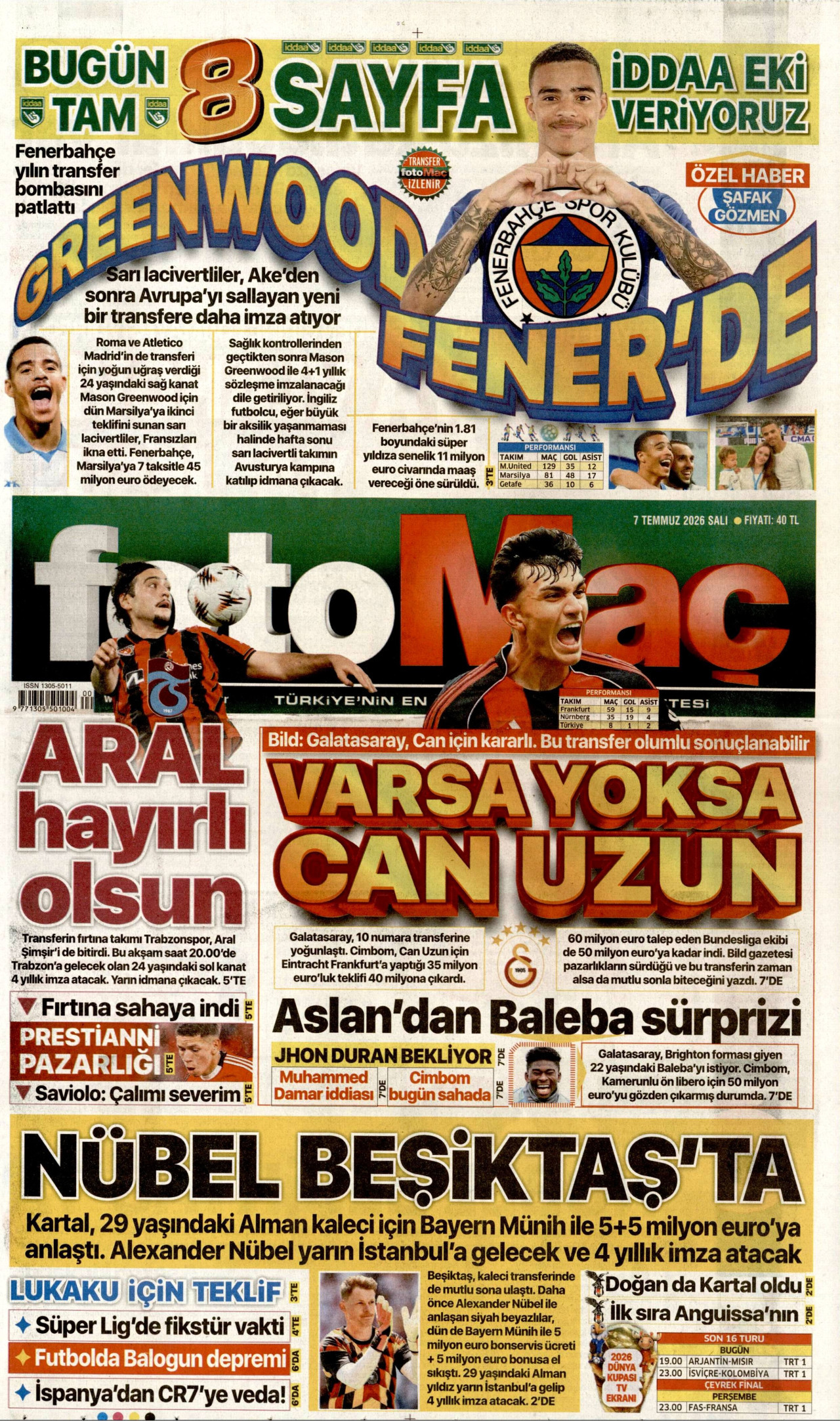 FOTOMAÇ gazetesinin 7 Temmuz 2026 tarihli birinci sayfası
