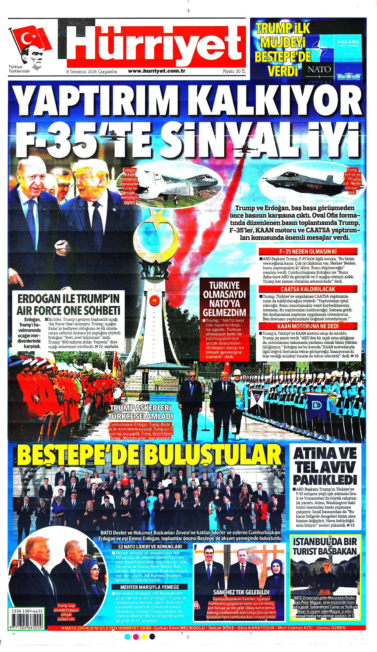 HÜRRİYET gazetesinin 8 Temmuz 2026 tarihli birinci sayfası