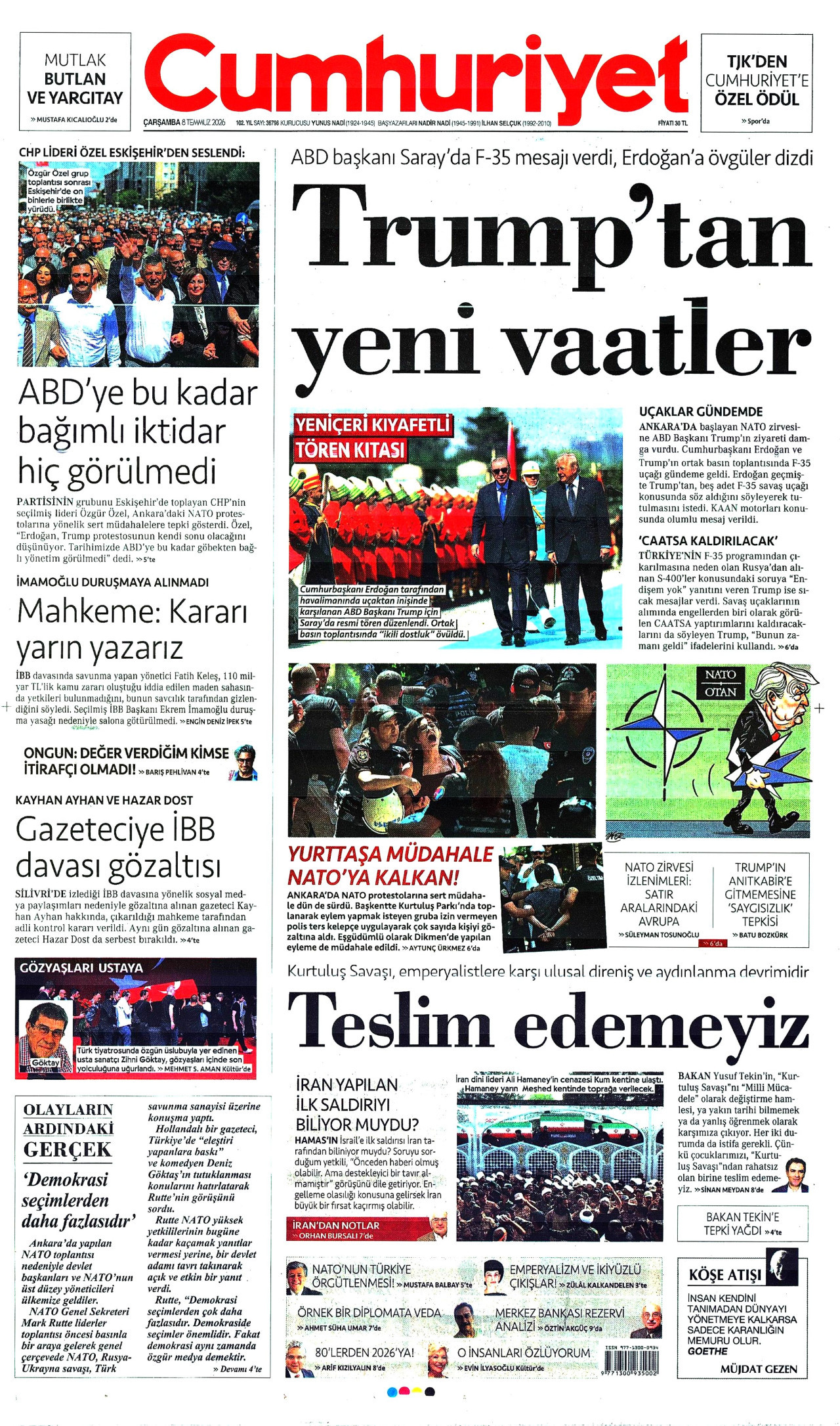 CUMHURİYET gazetesinin 8 Temmuz 2026 tarihli birinci sayfası