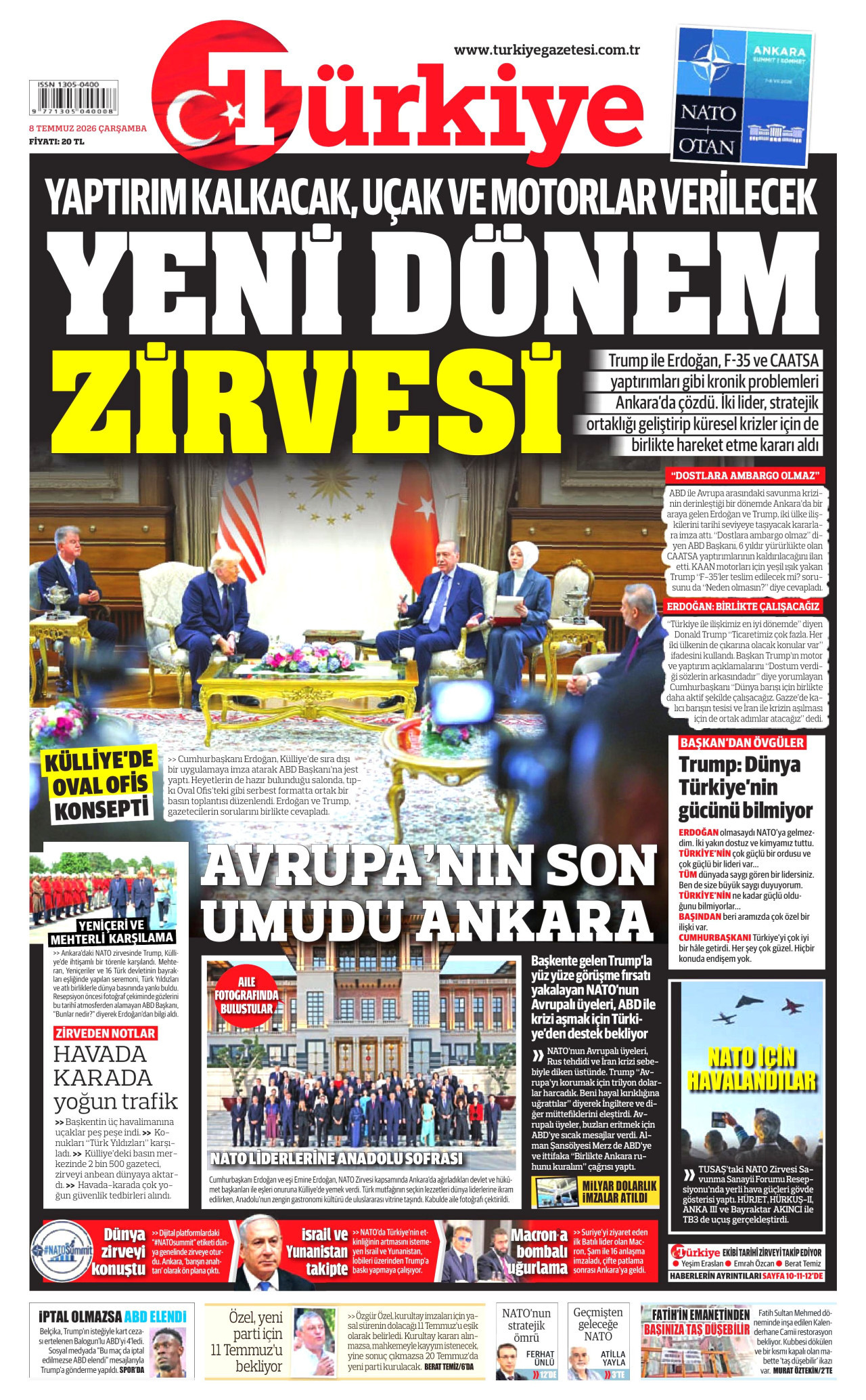 TÜRKİYE GAZETESİ gazetesinin 8 Temmuz 2026 tarihli birinci sayfası