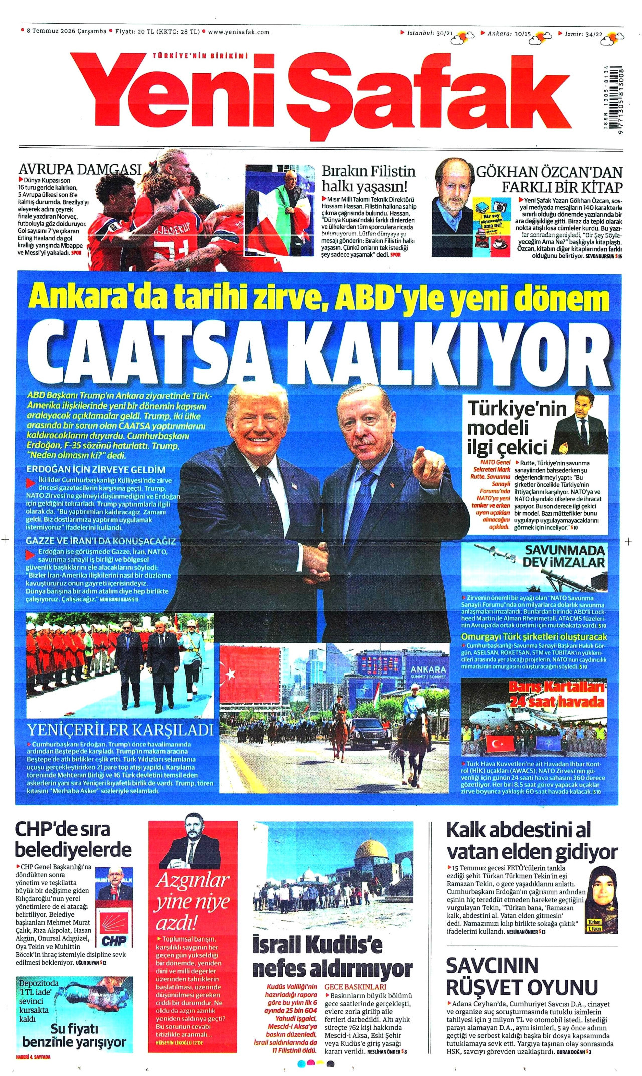 YENİ ŞAFAK gazetesinin 8 Temmuz 2026 tarihli birinci sayfası