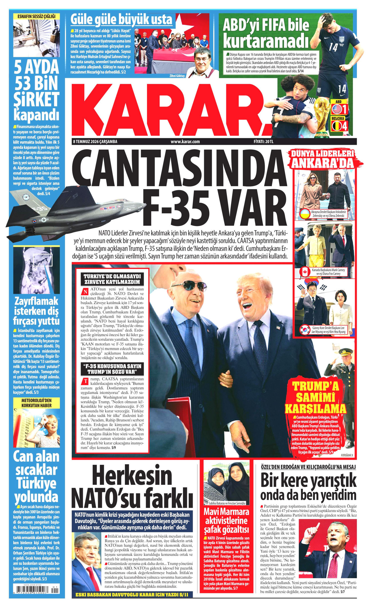 KARAR gazetesinin 8 Temmuz 2026 tarihli birinci sayfası